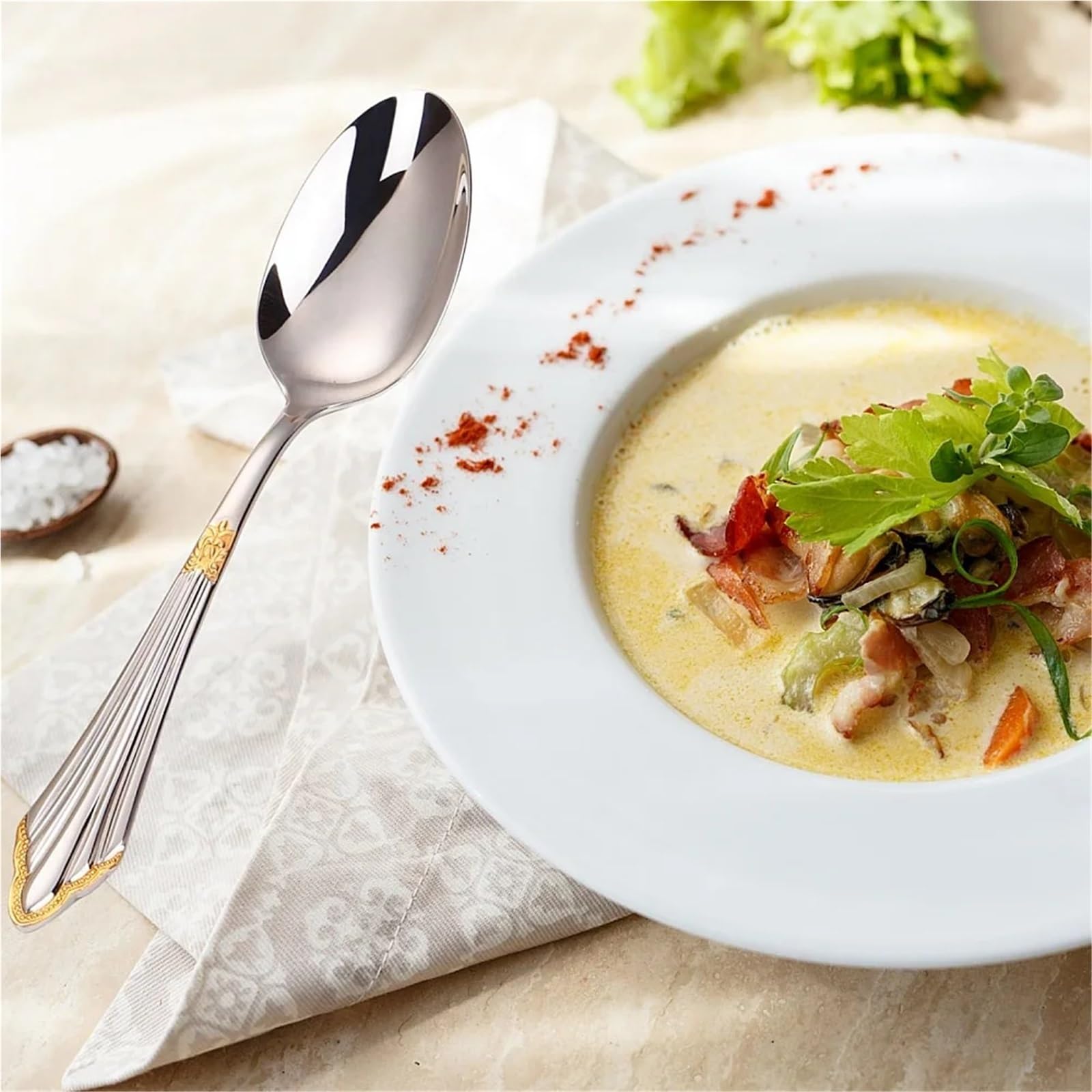 Löffel Luxuriöses, vergoldetes, glänzendes Tafellöffel-Set – 21 cm große, spülmaschinenfeste Tafellöffel aus Edelstahl 18/10, 2/3/4/5/6 Stück(Style10)