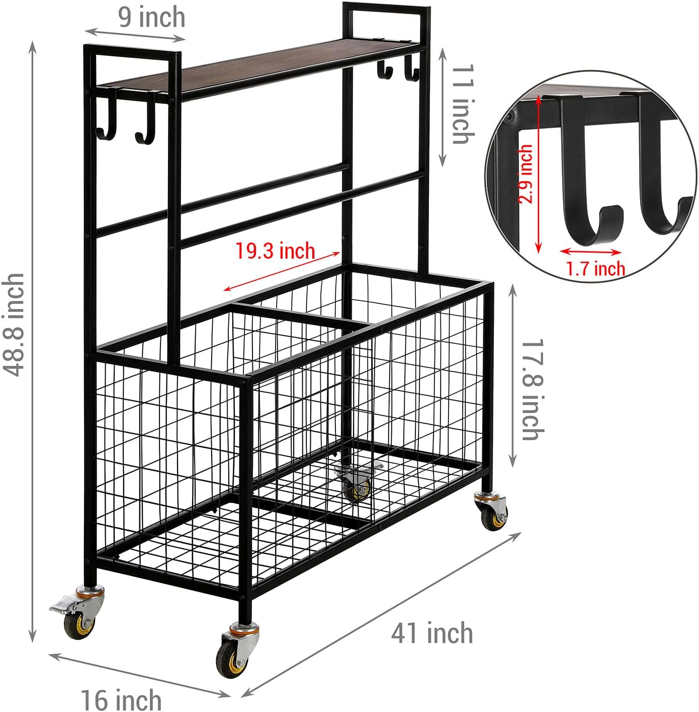 MyGift Sports Equipment Organizer, Garage Ball Storage for Indoor and Outdoor, Garage Organizer for Sports Gear and Toys, Rolling Ball Cart with Baskets, 16" D x 41" W x 49" H