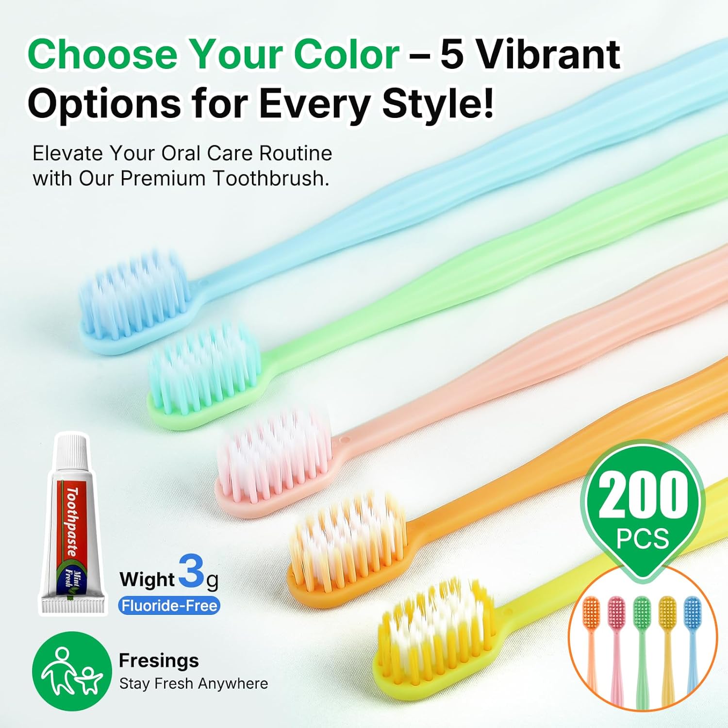 200 Pack Disposable Toothbrushes with Toothpaste, Individually Wrapped, Soft PBT Bristles, Peanut Grip Handle, Fluoride-Free, Bulk Travel Kit for Hotel, Guests, Emergency, Adults & Kids