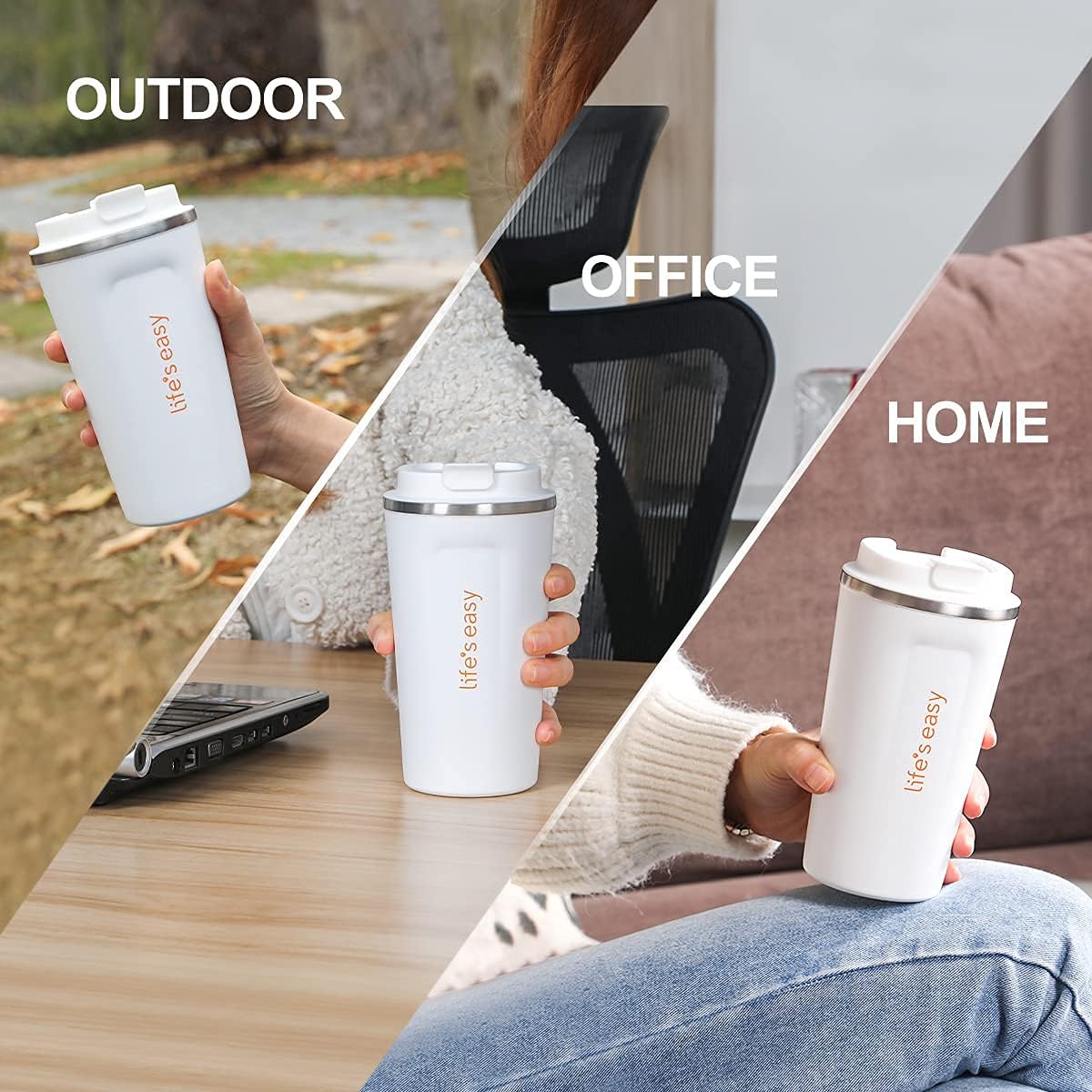 Life's Easy - 16 oz. Stainless Steel Coffee Tumbler Mug with Leak-Proof Lid -Vacuum Insulated Travel Cup for Hot/Cold Drinks - Spill-Proof Thermal Flask - Double Wall Steel Insulated Coffee Mug(White) - Image 4