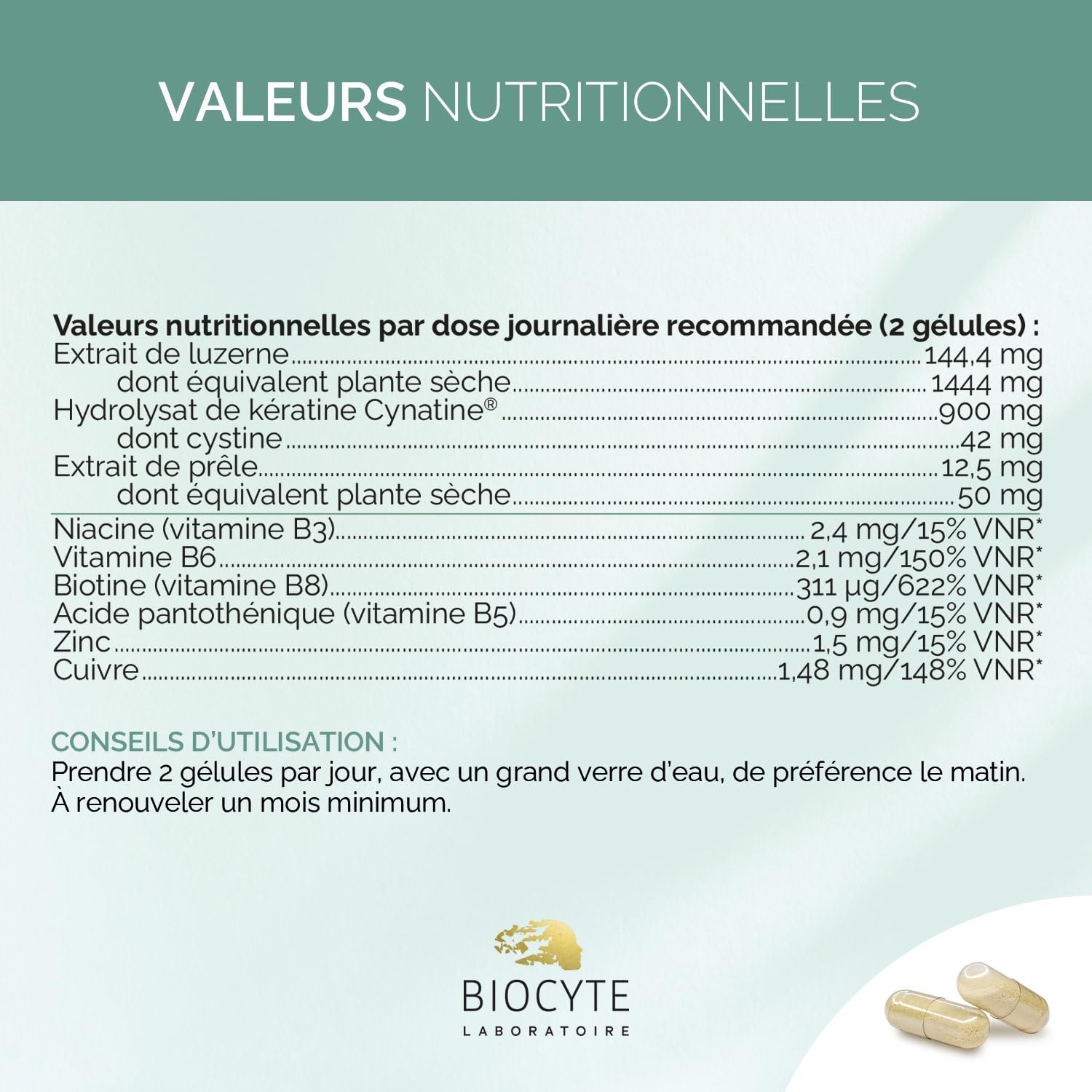 BIOCYTE Kératine Forte 900mg - Croissance, Résistance & Santé Des Cheveux - Biotine, Vitamine B6, Zinc, Prêle, Luzerne - Complément Alimentaire Cheveux - Programme 20 Jours