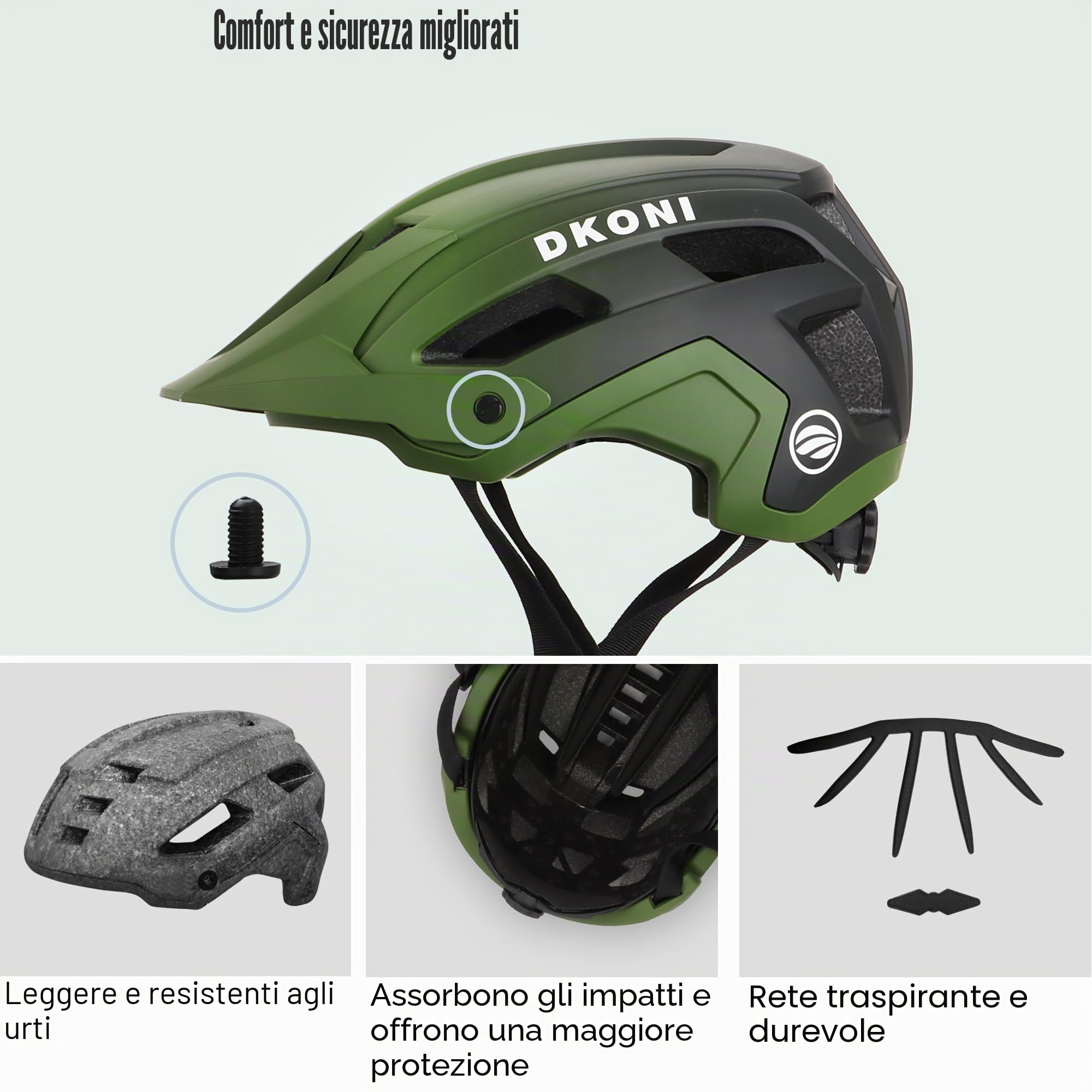 DKONI Casco da mountain bike leggero e traspirante, con visiera, calotta in policarbonato e cinturino regolabile, unisex per adulti