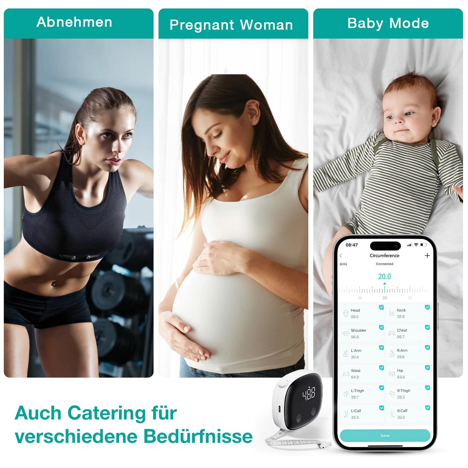 Smartes Körpermaß, Körpermaßband, LED-HD-Vollbild-Überwachung, Körperfett-Werkzeug für Fitness-Formung und Gewichtsverlust, Fitdays App Bluetooth-Maßband