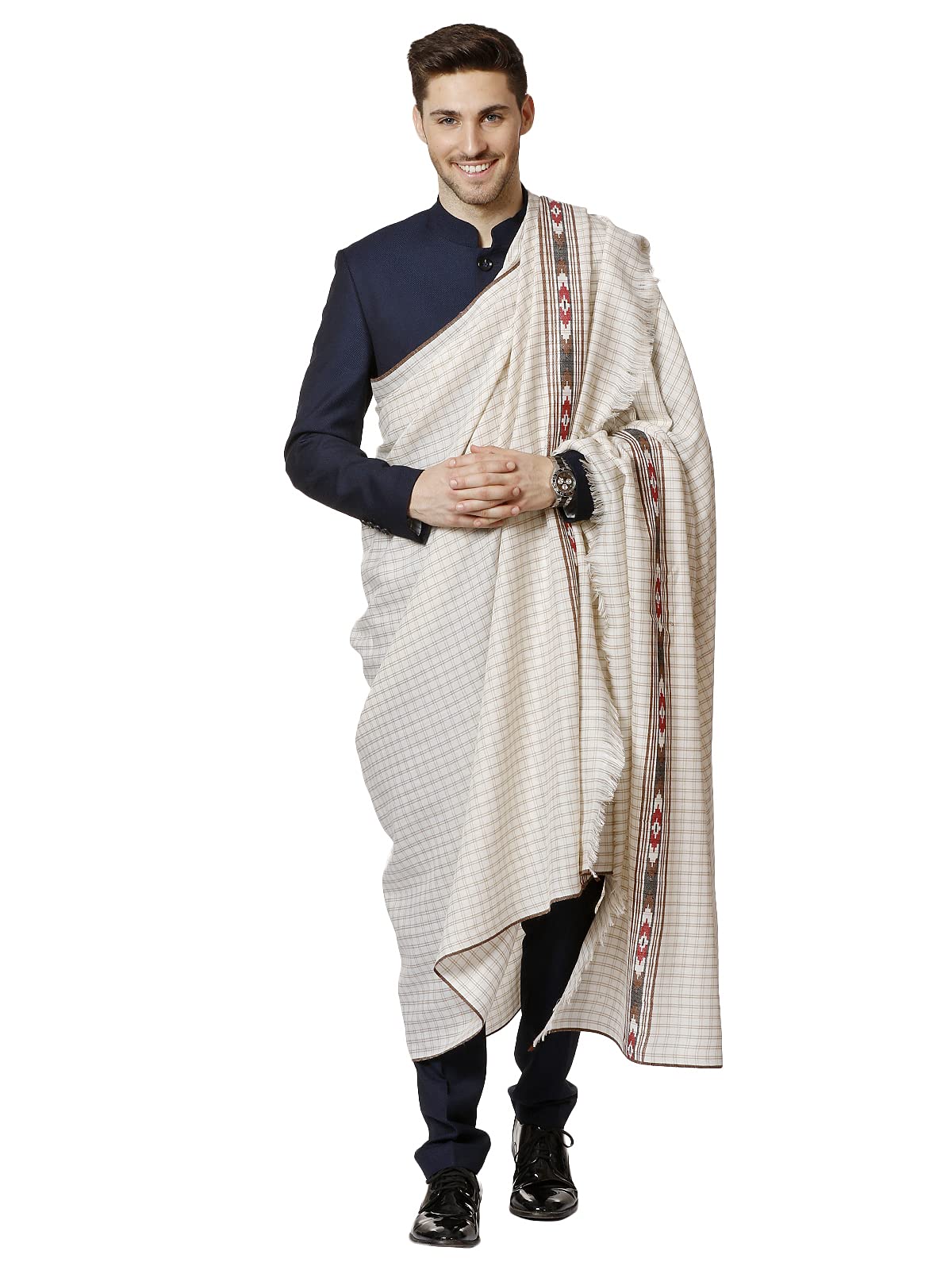 Mens Kullu Weave Shawl With Checkered Weave, Beige-image-34
