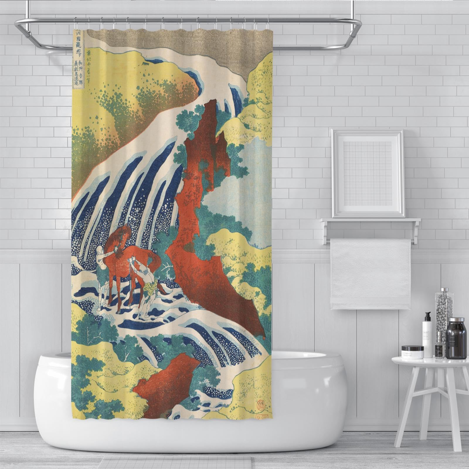Juego de Cortinas de Ducha japonesas Ukiyo-e Cascada Abstracta Cascada Creek Riverside Cortinas de baño Retro Cortina de Ducha de Tela Lavable a máquina 240x180cm