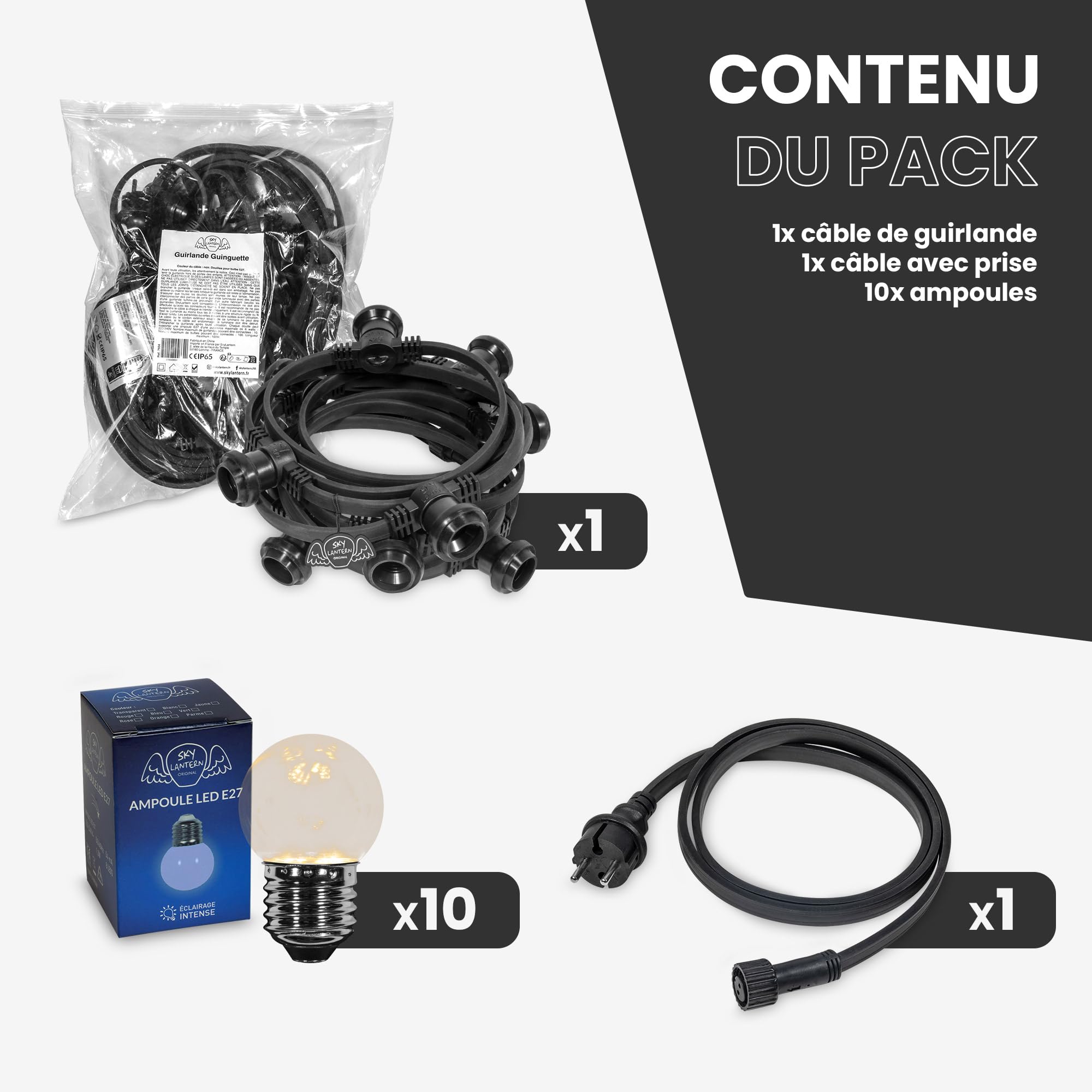 SKYLANTERN Guirnalda Luces Exterior 5M 10 Bombillas LED E27 Blanco Cálido 2700K IP65 Impermeable Regulable Extensible Conexión Múltiple Jardín Terraza Bodas