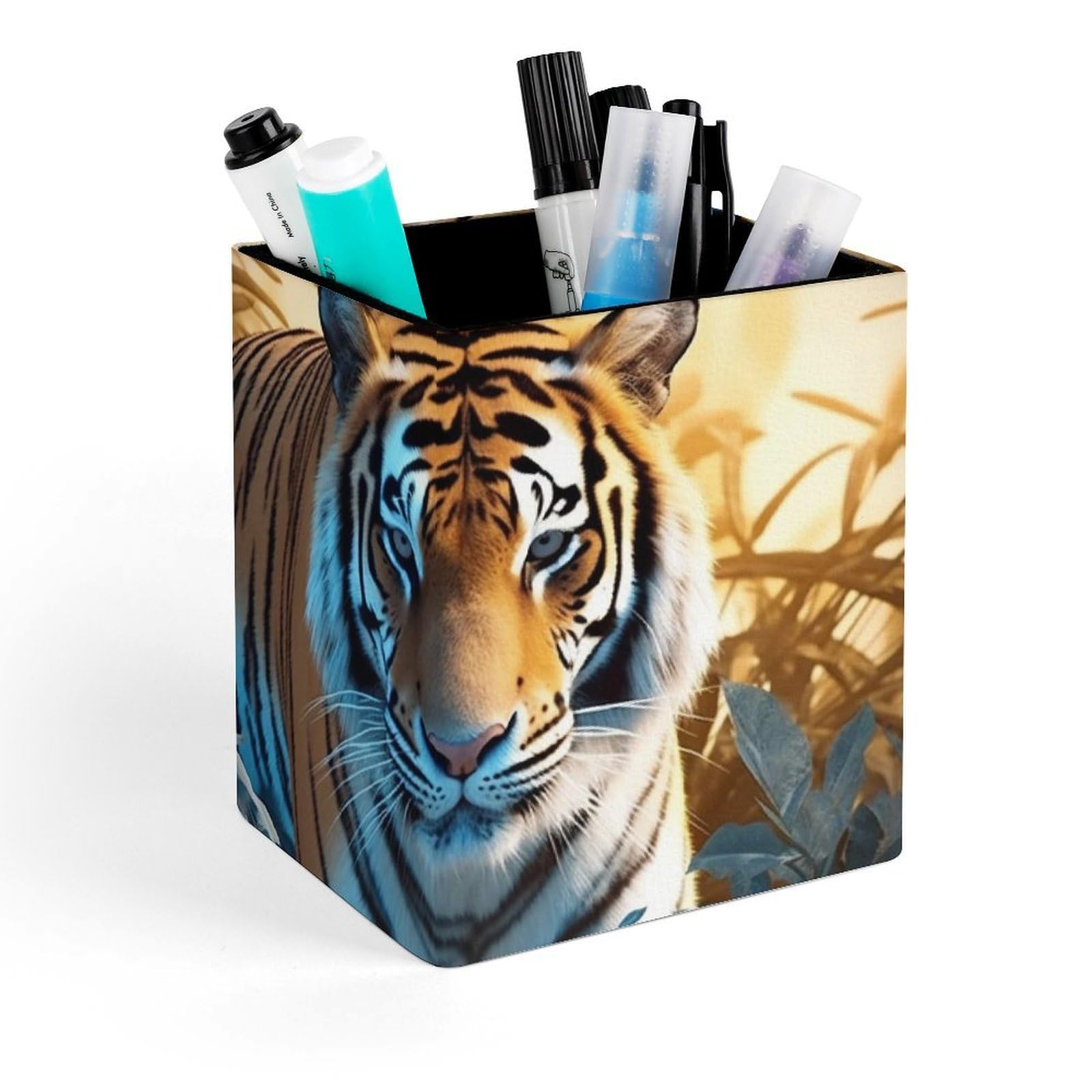 DWVTSLH Aesthetic Pen Holder for Desk - Modern Leather Pencil Holder - Stylish Square Makeup Brush Holder - African Wildlife Tiger Pen Cup Cute And Functional Desk Organizer for Office Supplies
