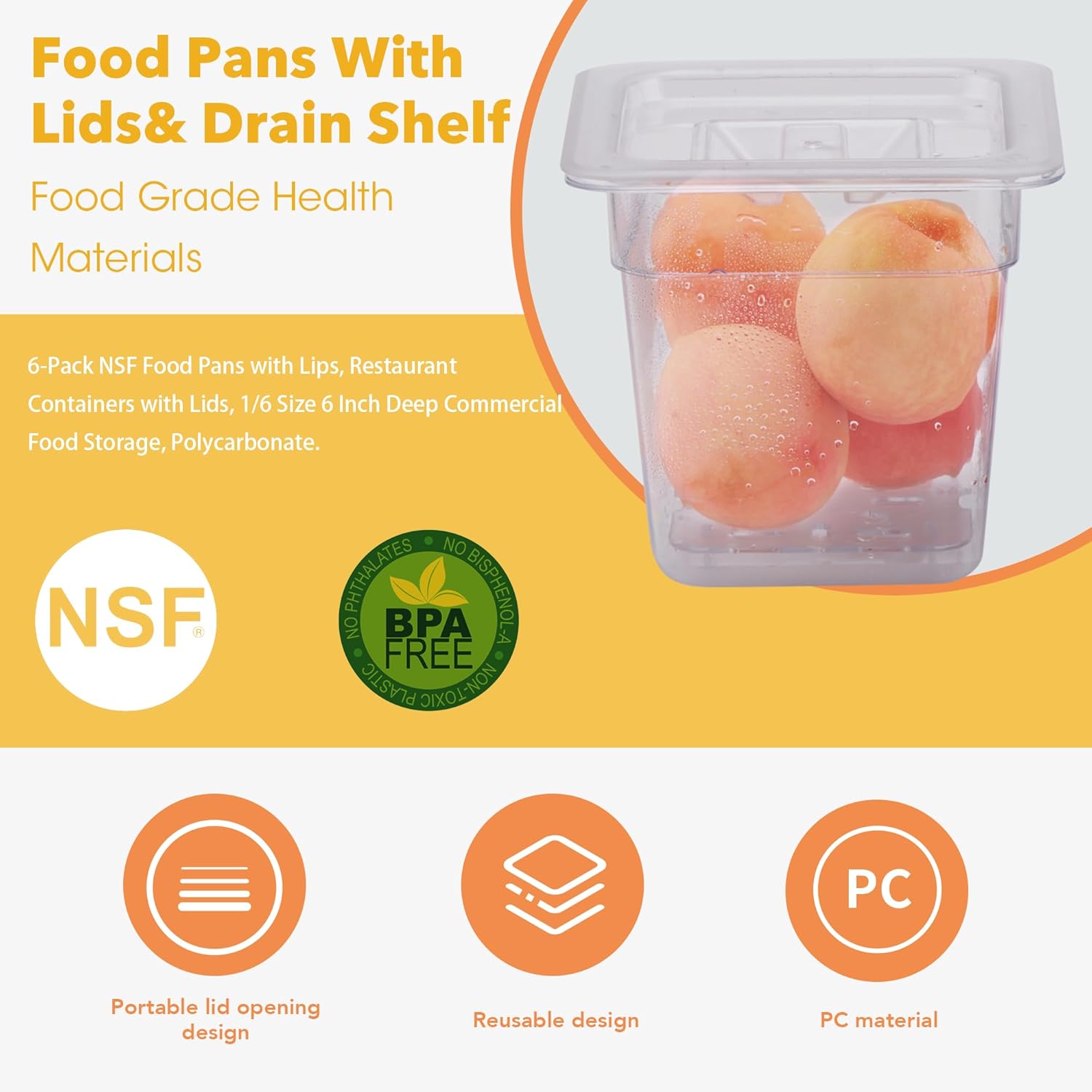 1/6 6'' 6 Pack NSF Commercial Food Pans with Lids & Drain Tray, 1/6 Size 6 Inch Deep Restaurant Containers, Food Storage with Capacity Scale, Restaurant Supplies Hotel Pan, Polycarbonate
