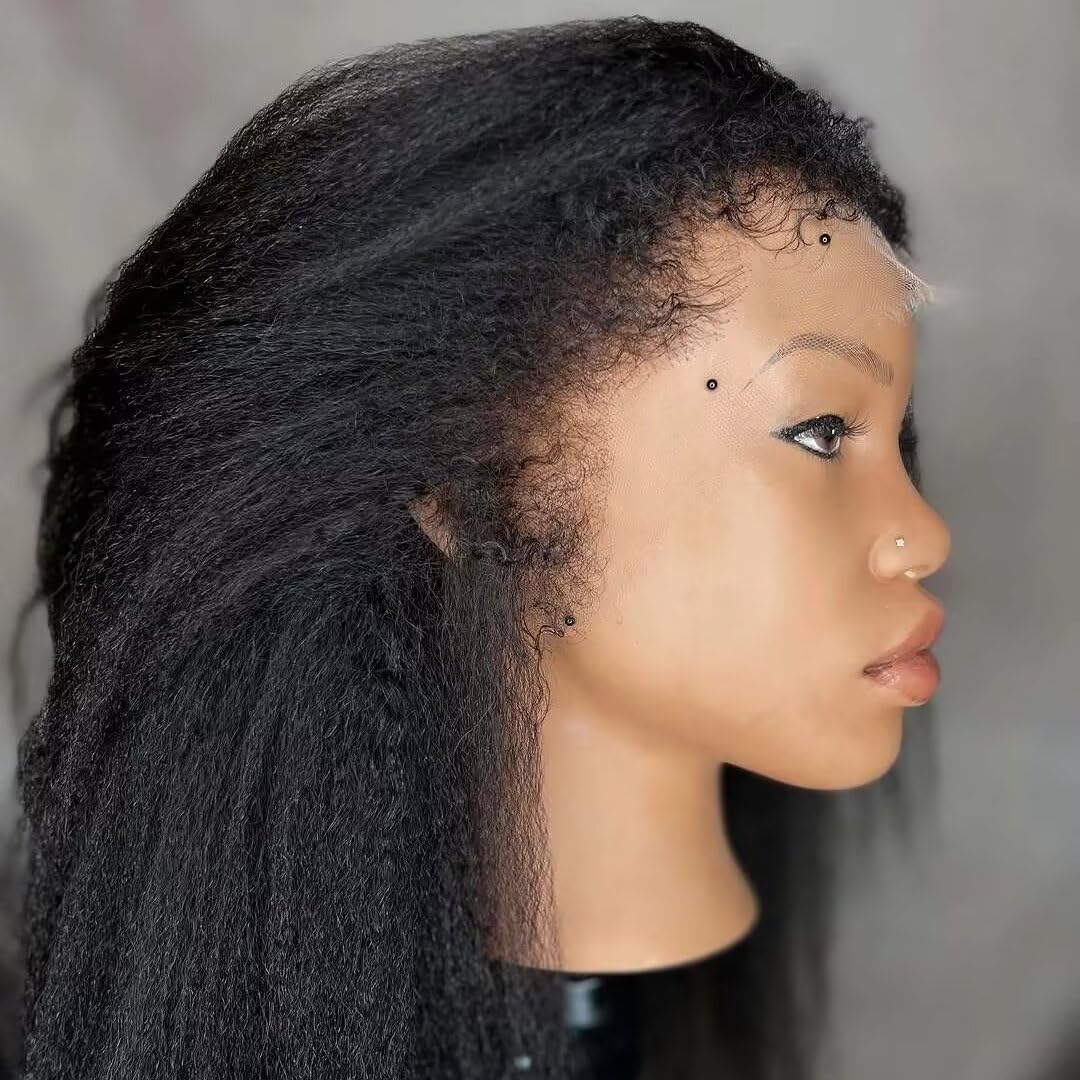 4C Edge 13X4 HD Transparent Lace Front Wig with Curly Baby Hair Natural Black Kinky Straight Yaki Pre Plucked Virgin Human Hair Glueless Brazilian Remy 180% Density for Black Woman 14 Inch