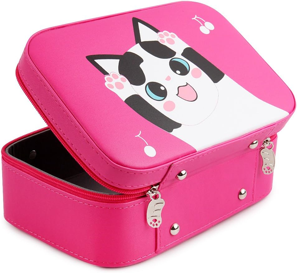 Women Professional Makeup Train Case Cat Pattern Mirror Cosmetic Storage Organizer Travel Bag (Rose-A)