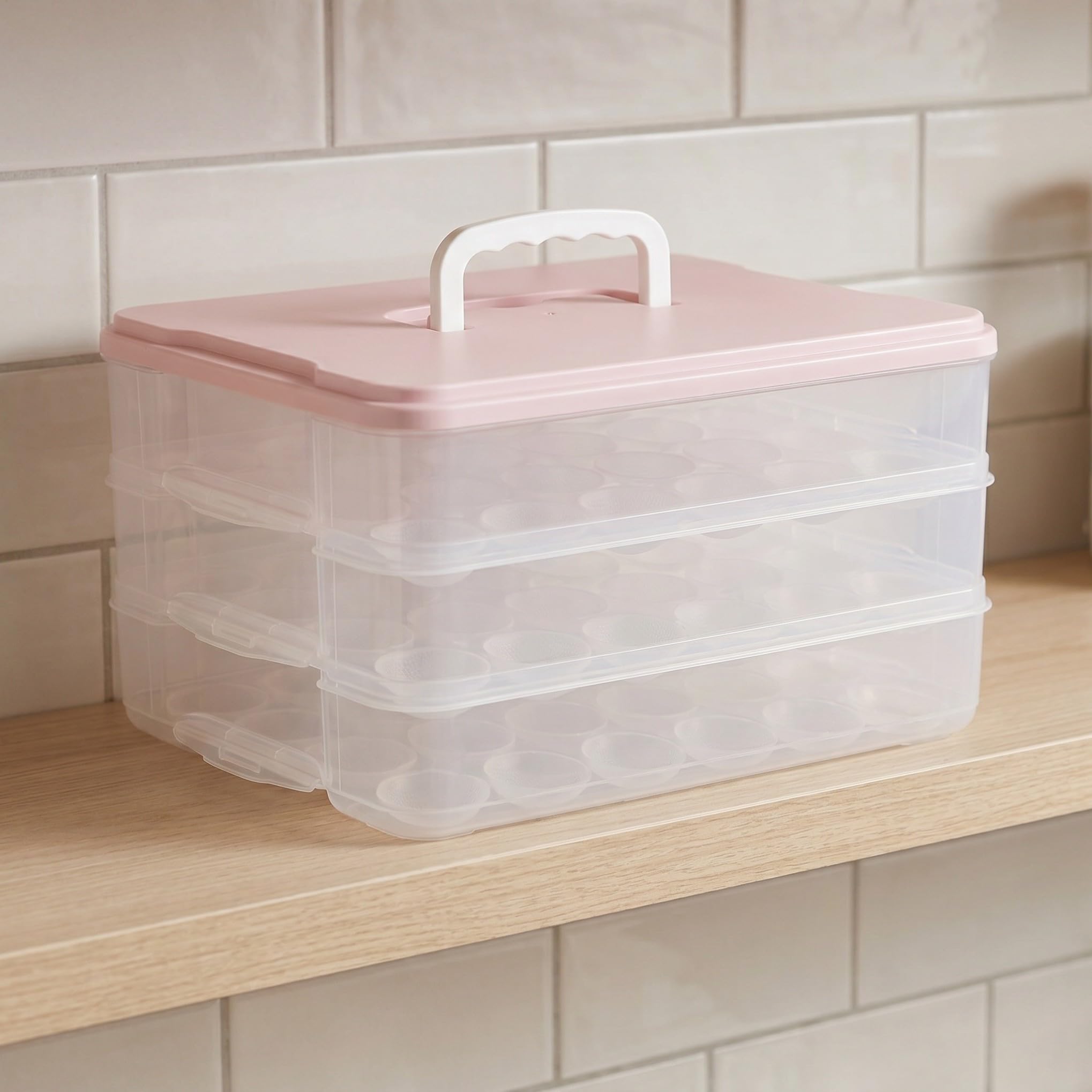Lurrose Recipientes para huevos rellenos con tapa, recipiente para huevos de 3 capas con asa para refrigerador, soporte para alimentos apilable, bandeja de transporte de 72 agujeros para viajes y