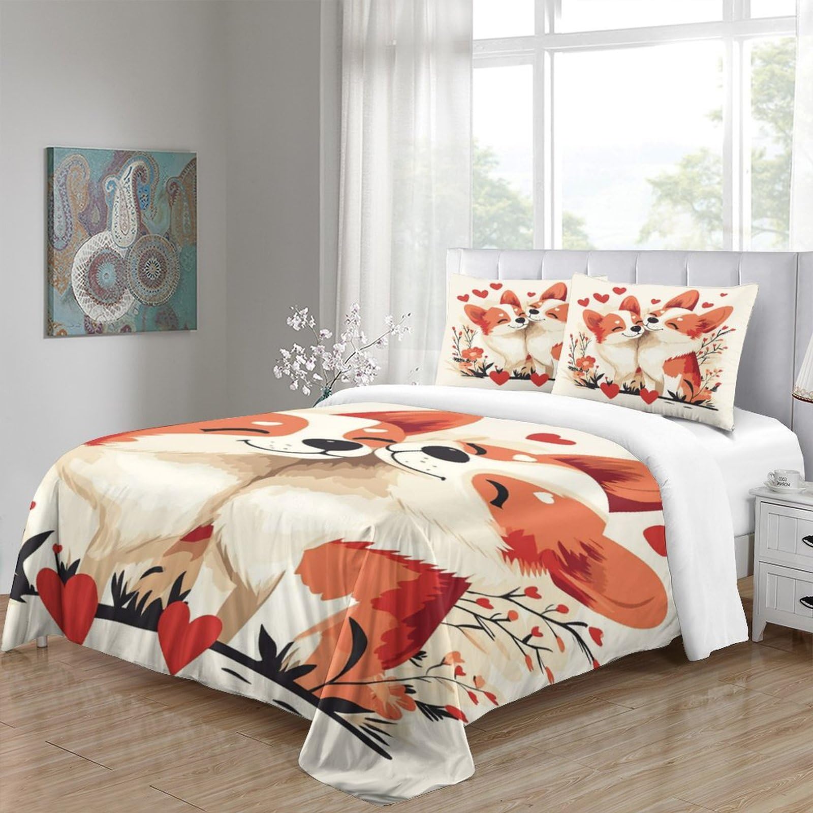 Corgi-Pärchen 3D-Bedruckt 3er-Set Kuschelbezug Romantischer Cartoon-Stil Bettbezug Mikrofaser Staubmilbenfest Hypoallergen für Jungen Mädchen Frauen Super King（260x220cm）