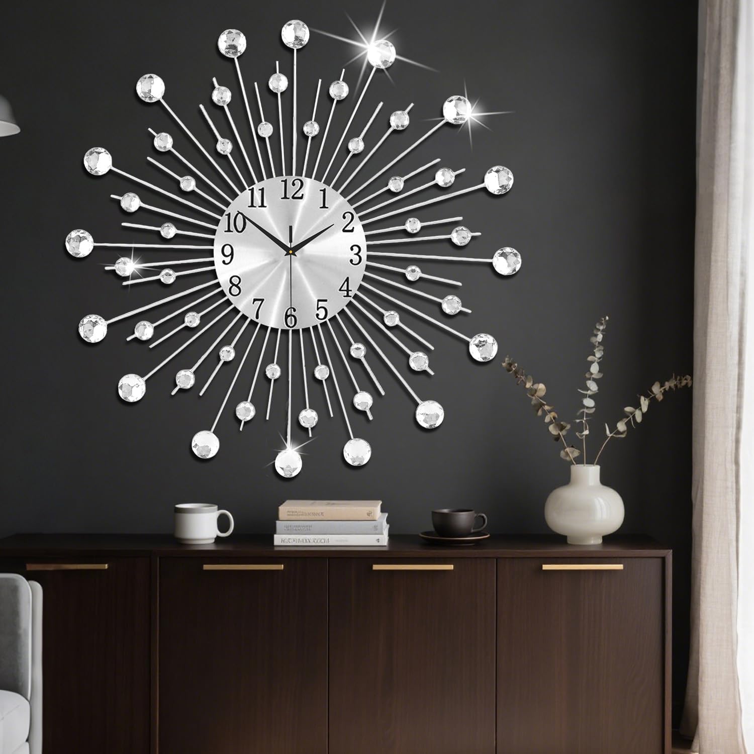 SIN&MI Large Wall Clock for Living Room Decor Non-Ticking Quiet Metal Quartz Clocks Modern Dial Bling Big Crystal Wall Clocks for Home Kitchen Bedroom Indoor Decorative/ 27.5 Inch