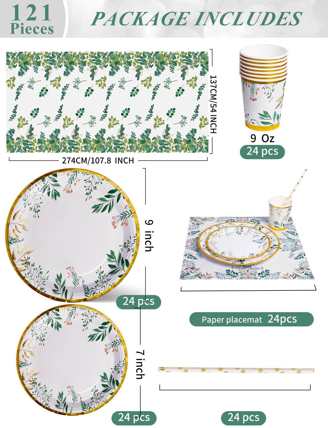 Nkaiso Stoviglie per Feste Verde Salvia 121 Pezzi Piatti Di Carta Verde e Bicchieri, Piatti Per Baby Shower Tazze Tovaglioli, Per Feste Di Compleanno Tea Party Compleanno Matrimoni- 24 Ospiti