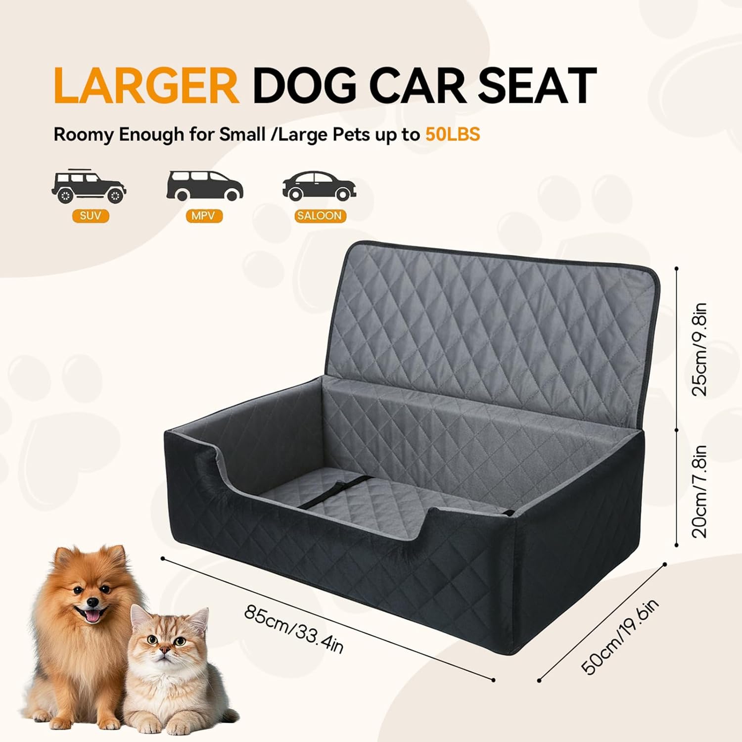 Dog Car Seat for Large Medium Dogs, Dog Booster Seat for 2 Small Dogs Memory Foam, Travel Safe Bed with Safety Belts Detachable Washable, Anti-Slip Base