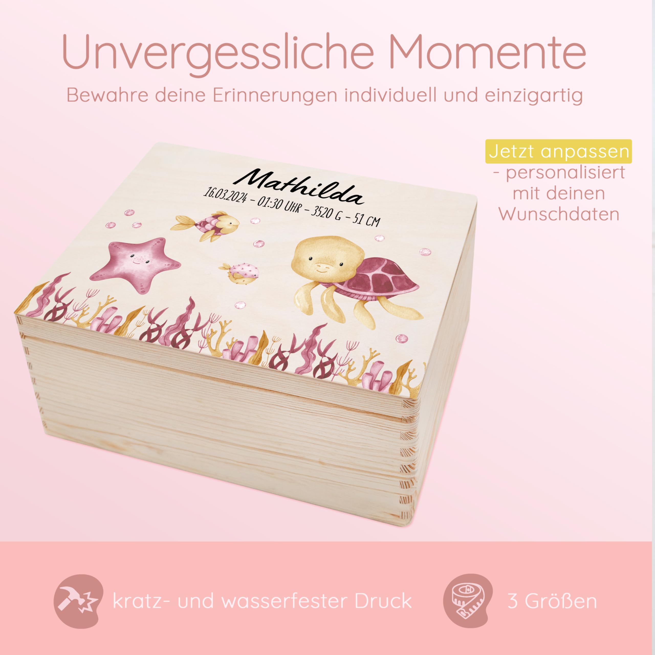 Bärenfreunde - Personalisierte Erinnerungsbox Baby mit Spezial-Druck - Individuelle Baby Erinnerungsbox - Erinnerungskiste aus Holz - Geschenk zur Geburt (S | Klappdeckel,Schildkröte rosa)
