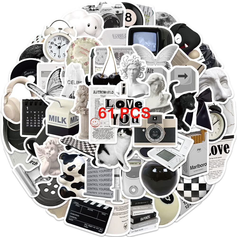61Pcs Aesthetic VSCO Stickers for Water Bottles,Black and White Simple Vinyl Sticker for Laptop, DIY Decorate Skateboard Computer Phone Decals for Kids Girls Teens