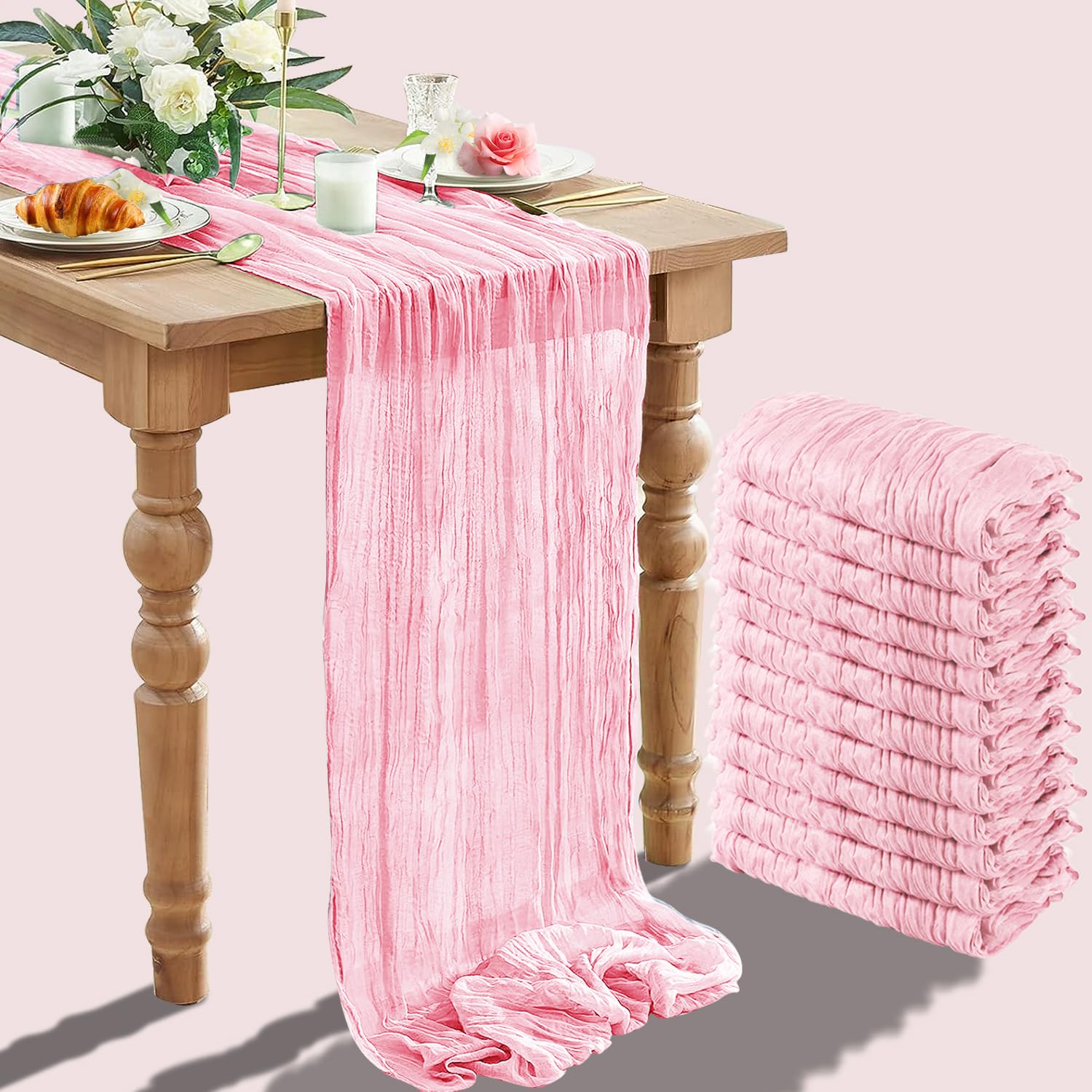 View 1 of 12 Packs Cheesecloth Table Runner,TISEMENT 35''x 120'' Wrinkled Gauze Cheese Cloth Table Runner Boho ,Romantic Centerpieces for Tables ,Versatile Tablecloth for Wedding/ Party Decorations (Light Pink)