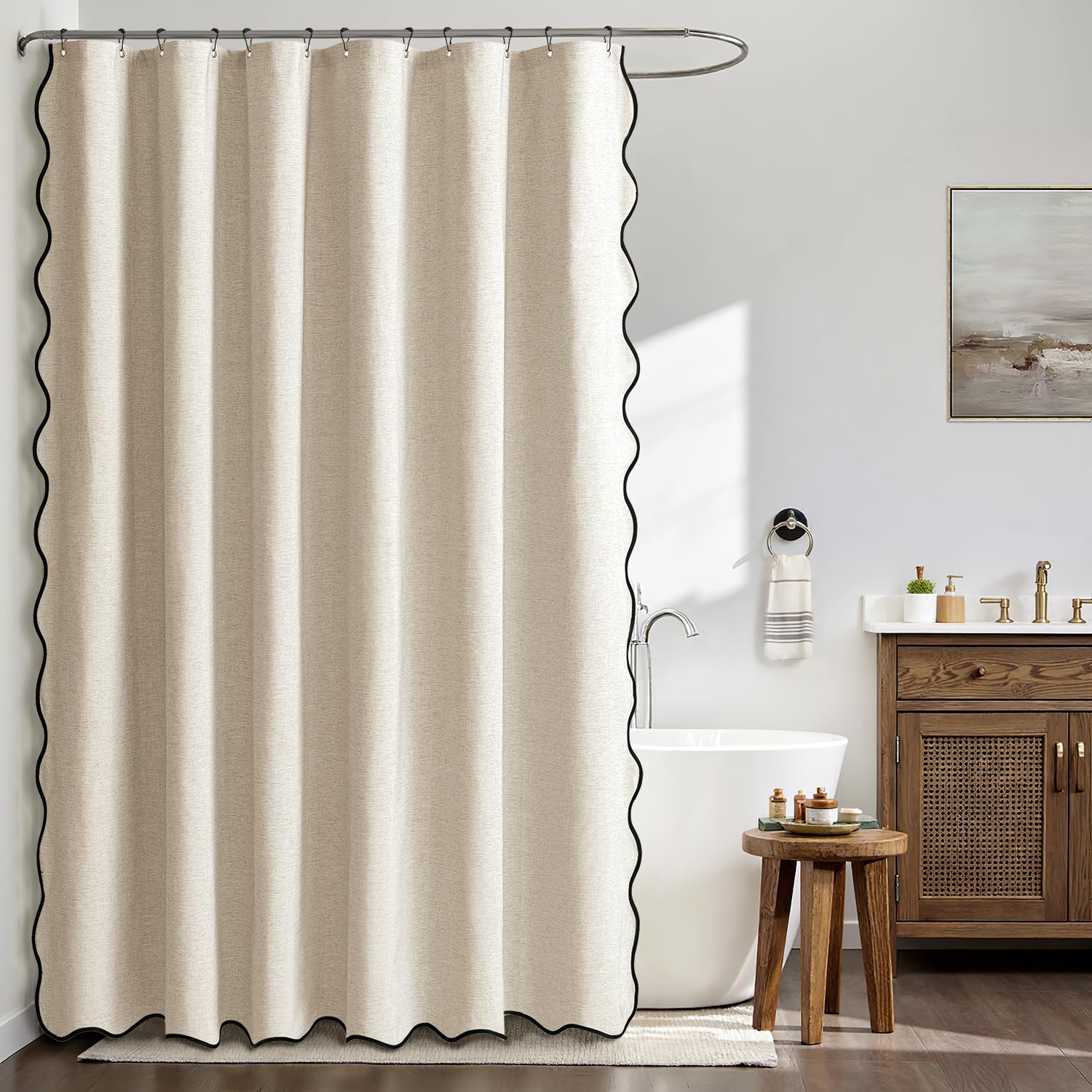 MIULEE Tenda da doccia in lino ondulato 180x200 cm Beige, tende da doccia impermeabili per hotel di lusso, tenda da bagno in tessuto lavabile antimuffa con 12 ganci in metallo.