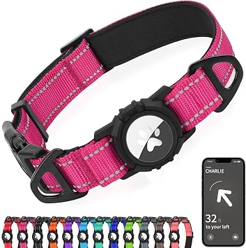 Joytale Airtag Dog Collar, Reflective Pet Collar with Waterproof AirTag Holder, Dual D-Rings, Soft Padded Adjustable for Large Dogs, Hotpink, L