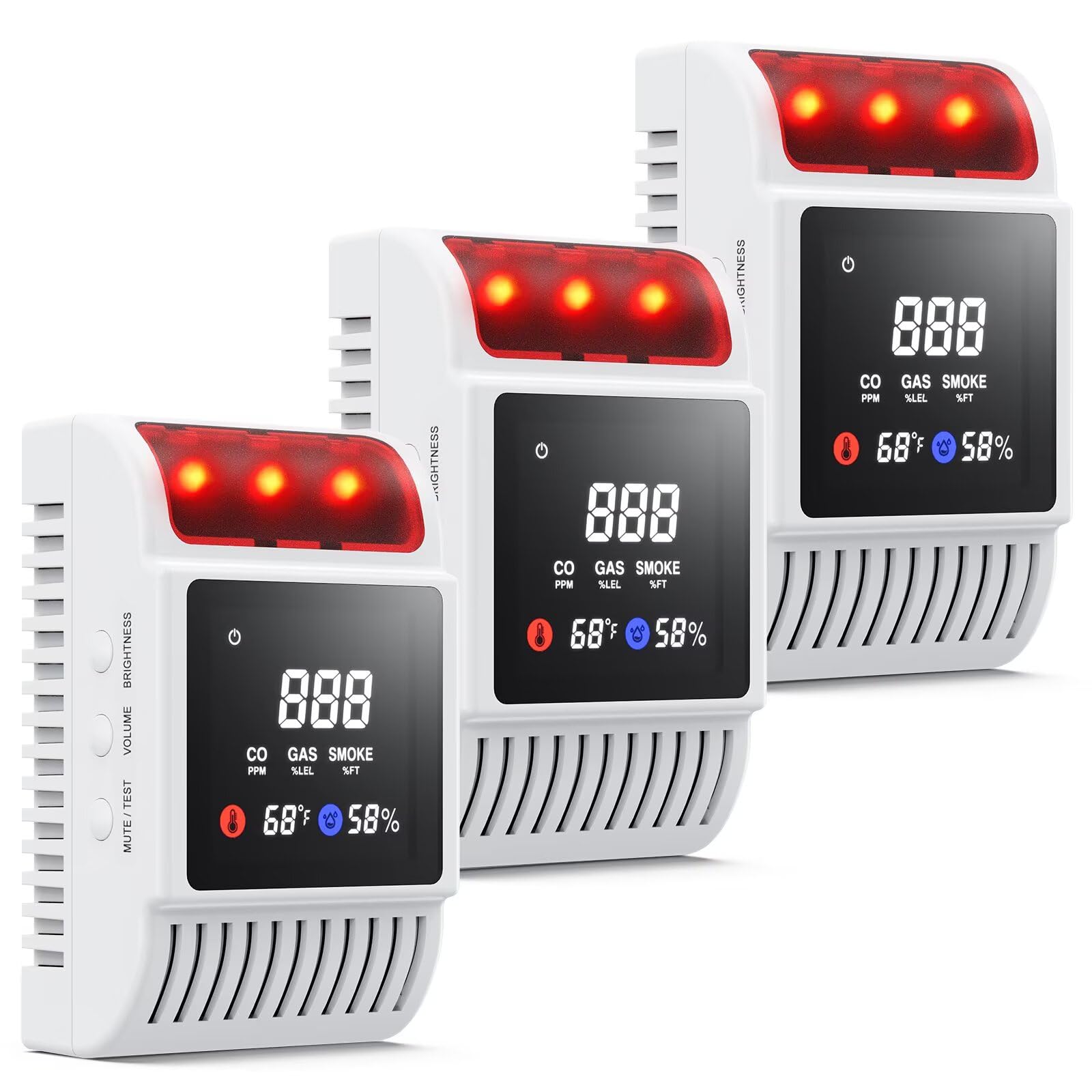 6-in-1 Smoke and Carbon Monoxide Detectors Plug in, Gas Leak Detector with Battery Backup, Adjustable Brightness &amp; Volume Levels, Smoke Alarm with Temp/Humidity for Home, RV, Travel(3-Pack)