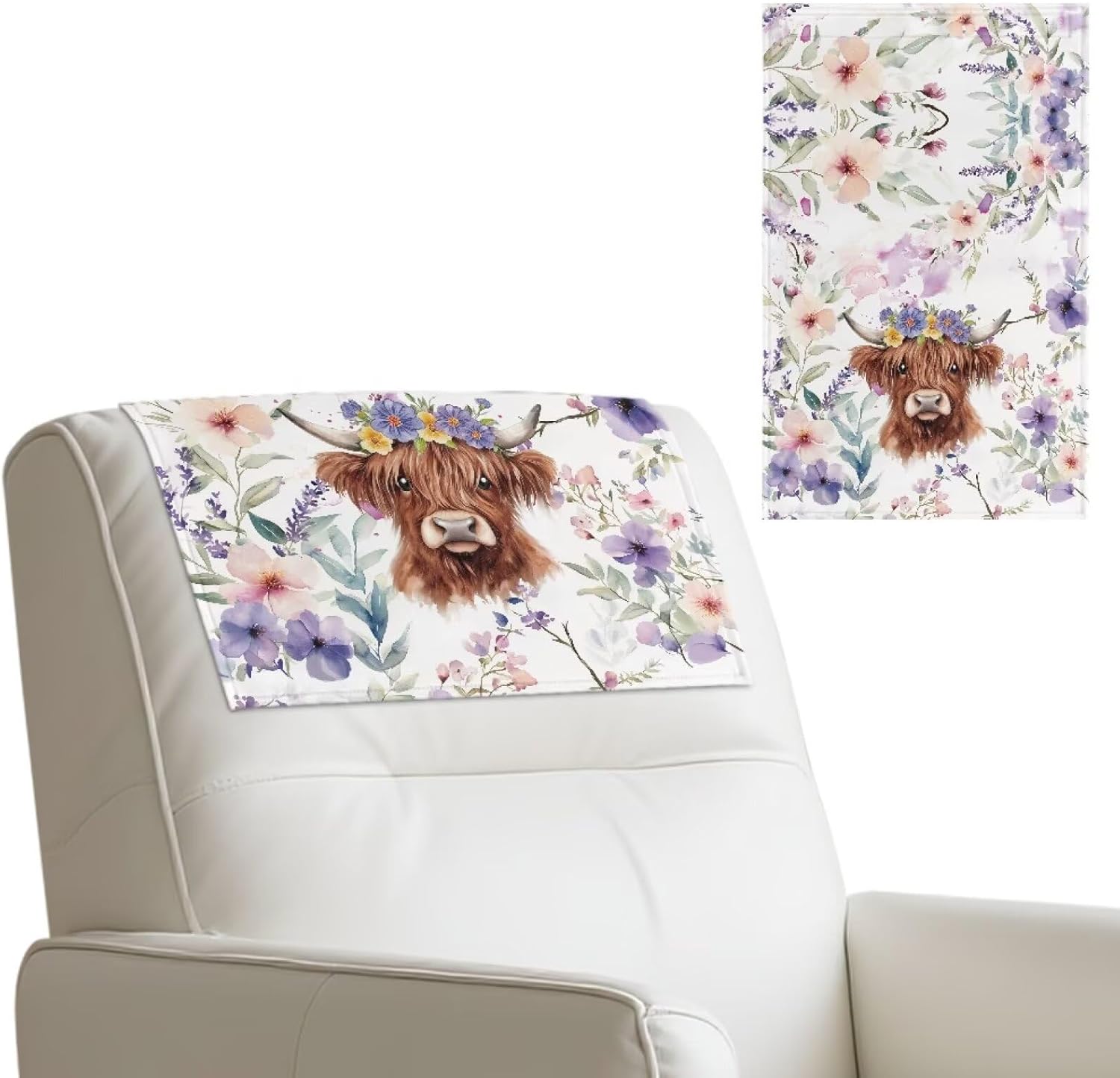 Wanyint Recliner Headrest Protector PU Leather Scratch Resistant Chair Headrest Cover Washable Furniture Protector with Hook and Loop Fasteners, 17x27 Inch, Highland Cow Floral Violet, Set of 3