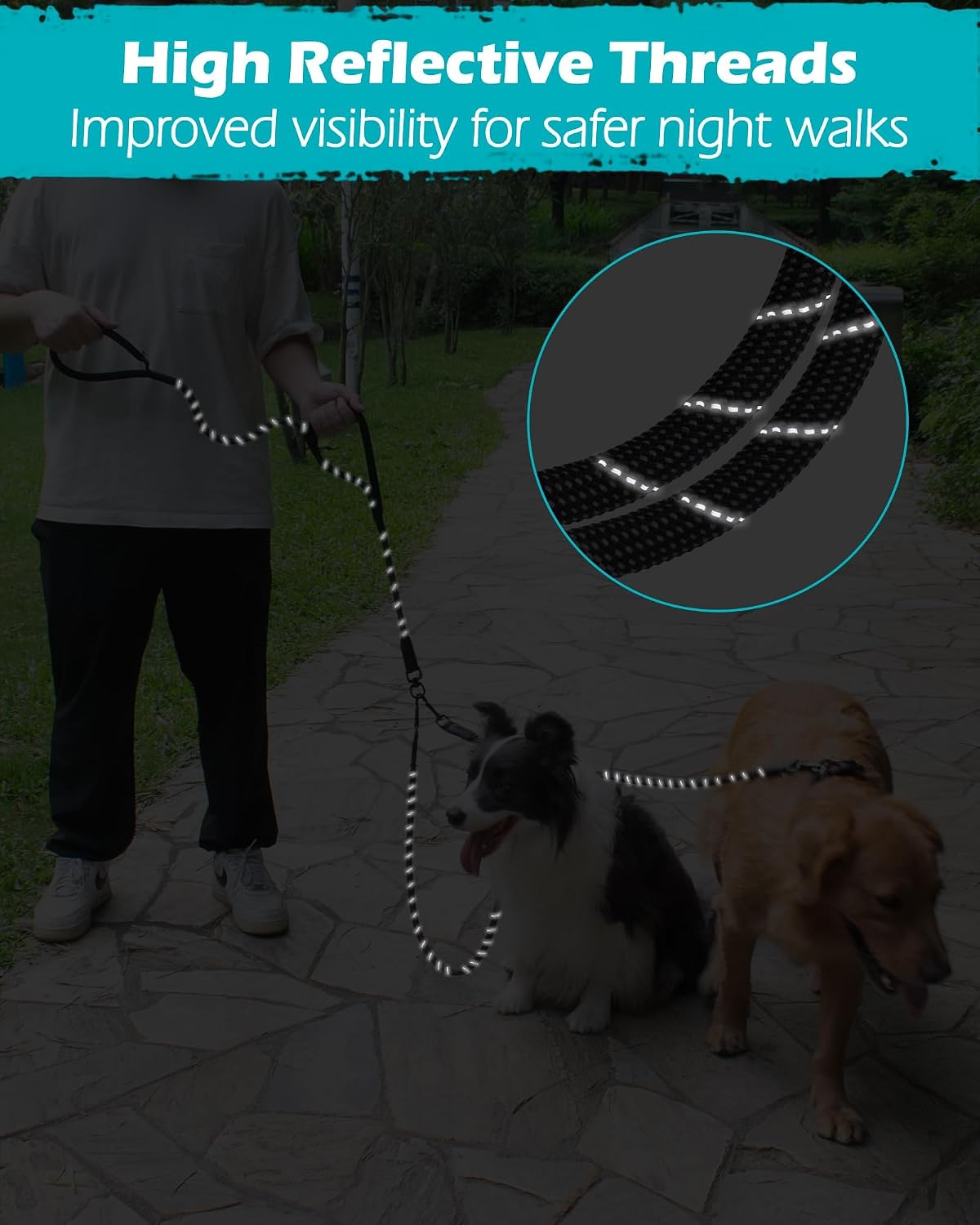 PetBonus Rope Double Dog Leash, No Tangle Dual Leash, Reflective Walking Training Lead with Two Comfortable Padded Handles, Lead Coupler for Medium Large Dogs (55-200 lbs, Black)