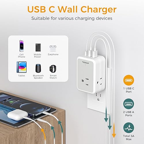 Miniatura 4 de TESSAN - Cargador de pared USB de 15 W, divisor de salida múltiple con USB C, expansor de salida múltiple de 3 lados para el hogar, oficina,