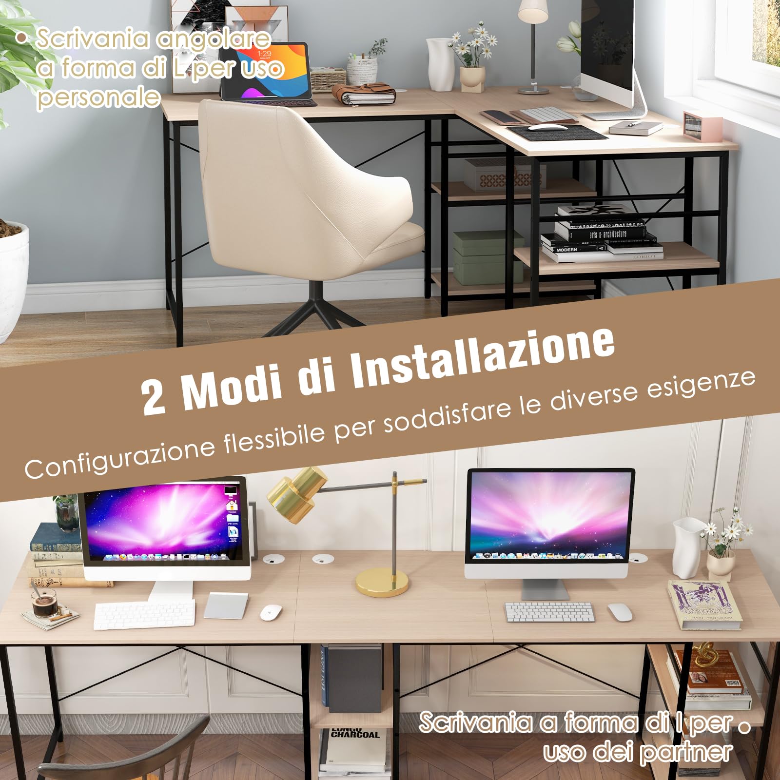 COSTWAY Scrivania Angolare per Computer con Supporto per Monitor, Scrivania Porta PC in Legno, Scrivania Salvaspazio e Moderna per Ufficio e Studio, 242 x 60 x 75 cm (Naturale)