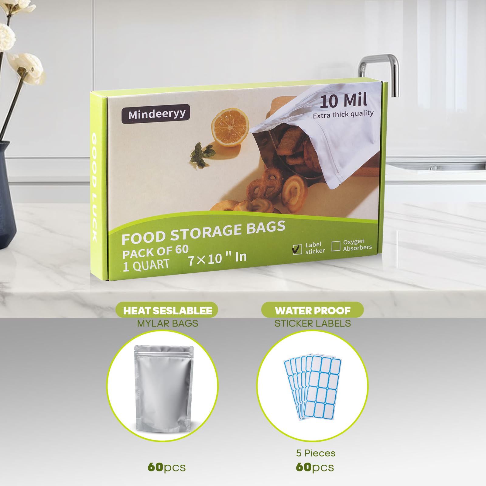 60 bolsas de Mylar de 1 cuarto de galón para almacenamiento de alimentos, Mindeeryy de 7 x 10 pulgadas con cremallera resellable para bolsas de almacenamiento grandes de Mylar, extragruesas de 10 mil
