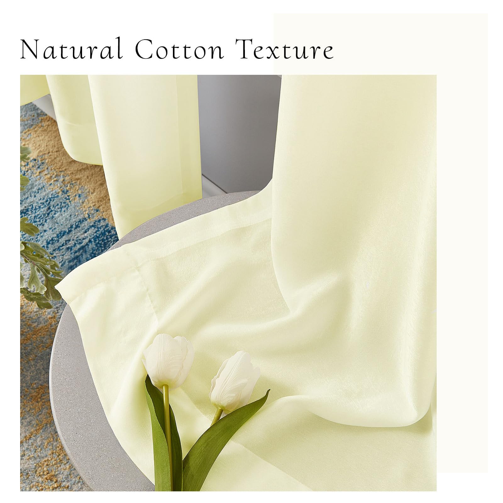 Melodieux Cream Yellow Velvety Semi Sheer Curtains 96 Inches Long for Bedroom Living Room Natural Cotton Texture Rod Pocket Window Sheer Drapes - Image 4