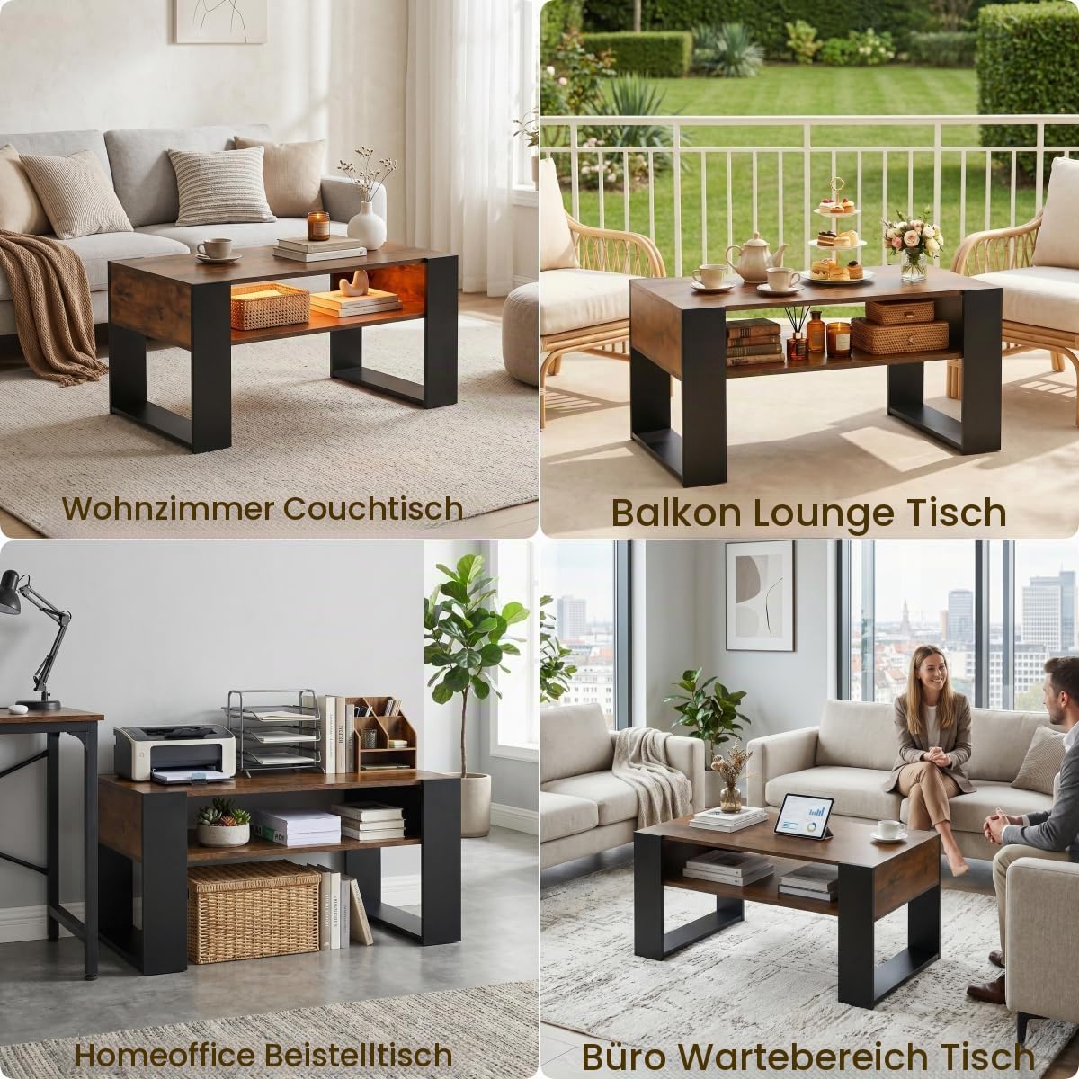 LED Couchtisch mit Stauraum, Wohnzimmertisch mit 2 Ebenen, moderner Sofatisch aus Holz, Beistelltisch fürs Wohnzimmer im Industrie-Design, 92x47x45 cm, Vintage Braun-Schwarz