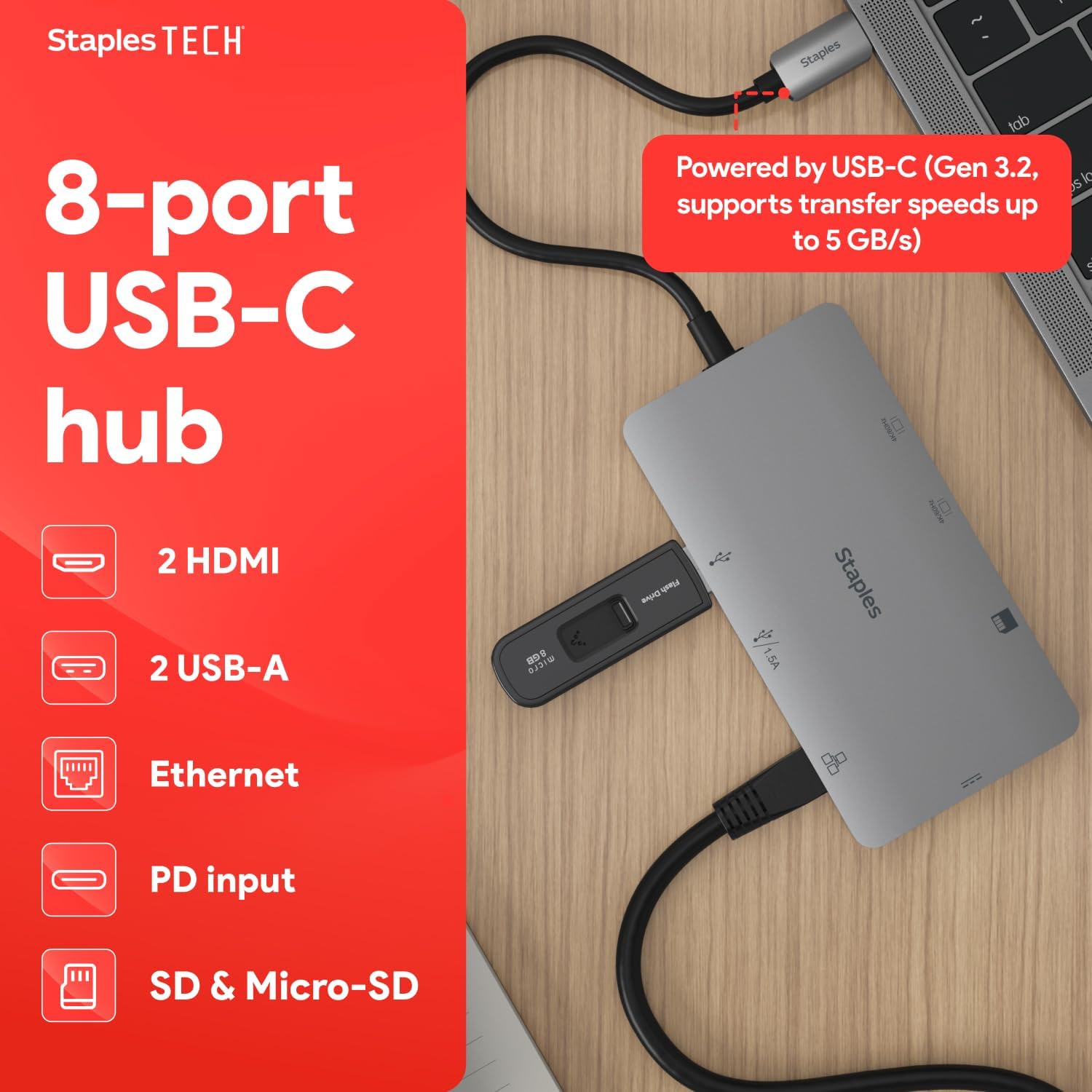 8-Port Hub, Gray, Multi-Port Expansion Hub for Office Setup, Add Connectivity for Laptop/Desktop
