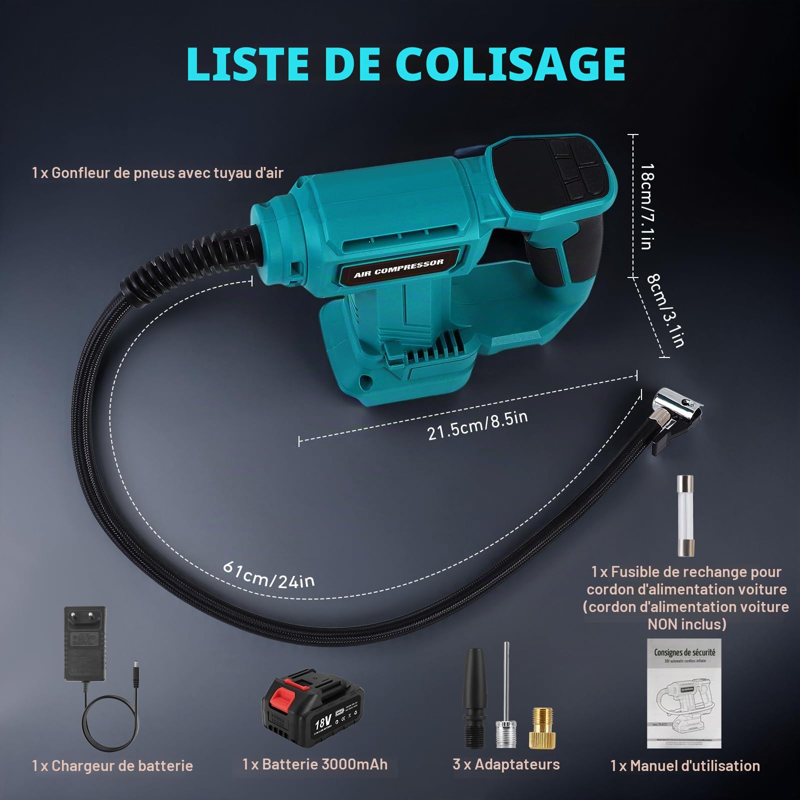 Compresseur d'air 150psi 28L/min Pompe de pneu portable avec un gonfleur de pneu de batterie de 18V 3000mAh avec 3 adaptateurs pour les véhicules, motos, vélos, balles, anneaux de natation