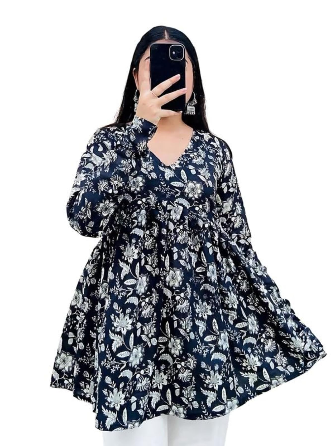 Women Cotton Printed Tunic Top Floral A-Line Long Sleeve Kurti Style Top for Casual, Office (Kurti-Gulab-P)-image-35