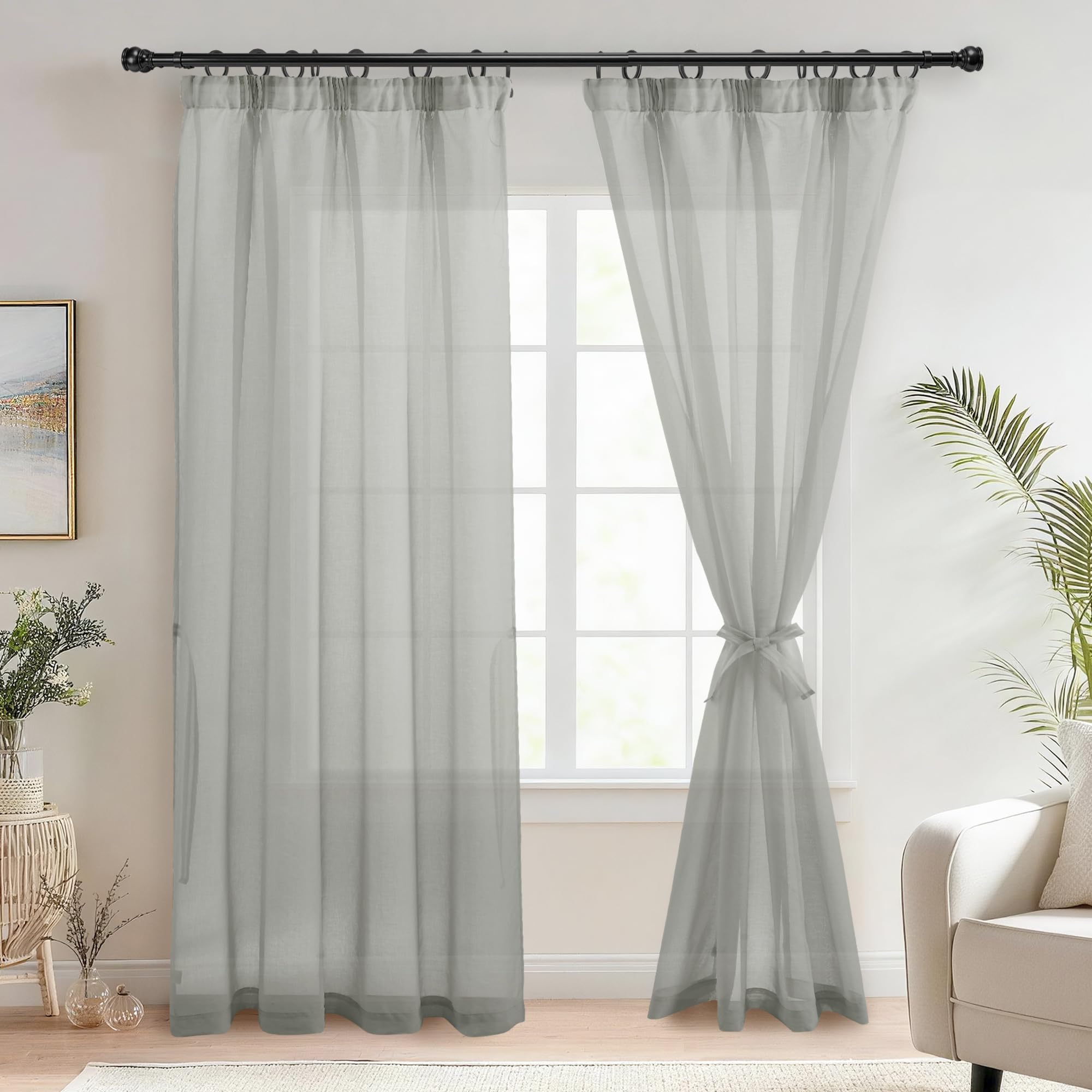DWCN Voile Vorhänge mit Kräuselband Leinenoptik 2 Stücke Halbtransparent Vorhänge für Wohnzimmer,Durchsichtige Gardinen,Grau,245x140cm (Höhe x Breite)