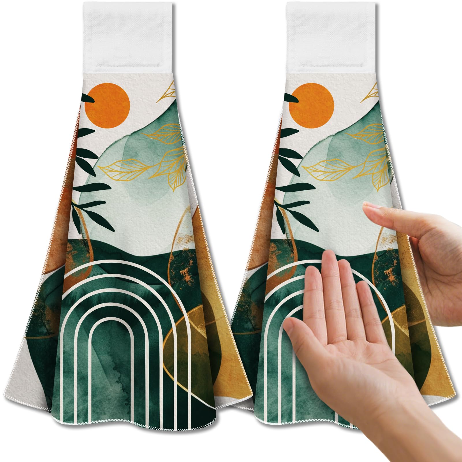 CUTHOLLOW 2PCS Green Bohemian Tea Towels for Kitchen with Loop, 31.5x43.5cm Soft Super Absorbent Microfiber Decorative Hanging Dish Towel, Tea, Coffee Towel for Kitchen Bathroom Oven Handle — image 1