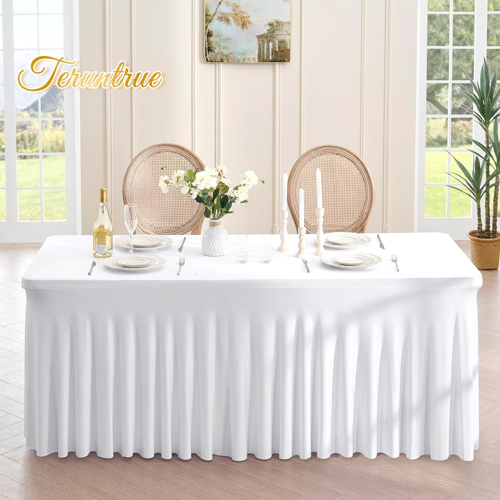 Teruntrue Spandex Tabelle Rock 8ft Stretch Tischabdeckung mit Rock, waschbar Tabelle Rock für 8ft Rectangle Tabelle für Hochzeit Geburtstag Party Ausstellungen Cocktail Bar (weiß)