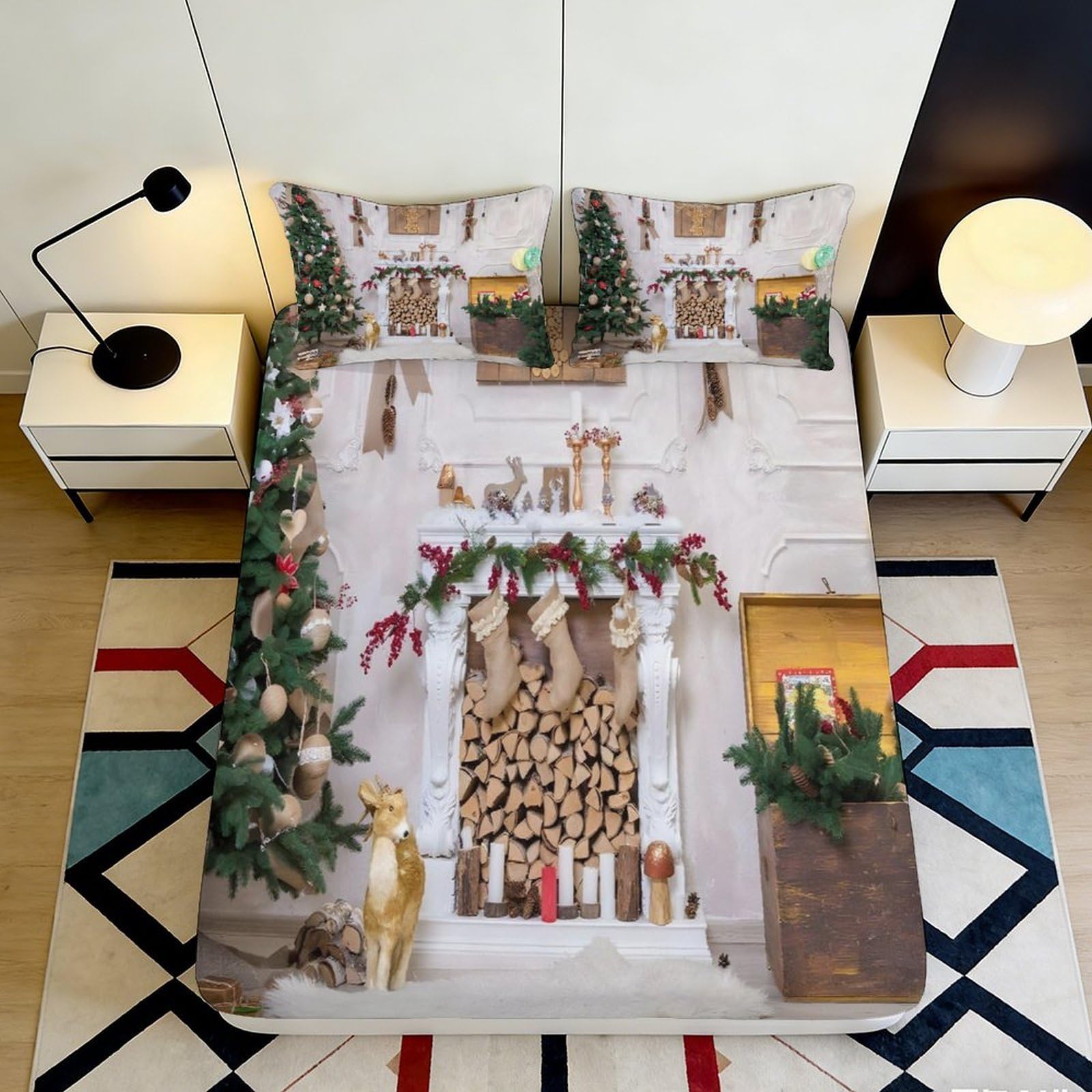 3D Printed Festive Fireplace Fitted Sheet Microfiber Christmas Tree Bed Cover for Bedroom Guest Room Mattress Protection Decor 90x200x25cm