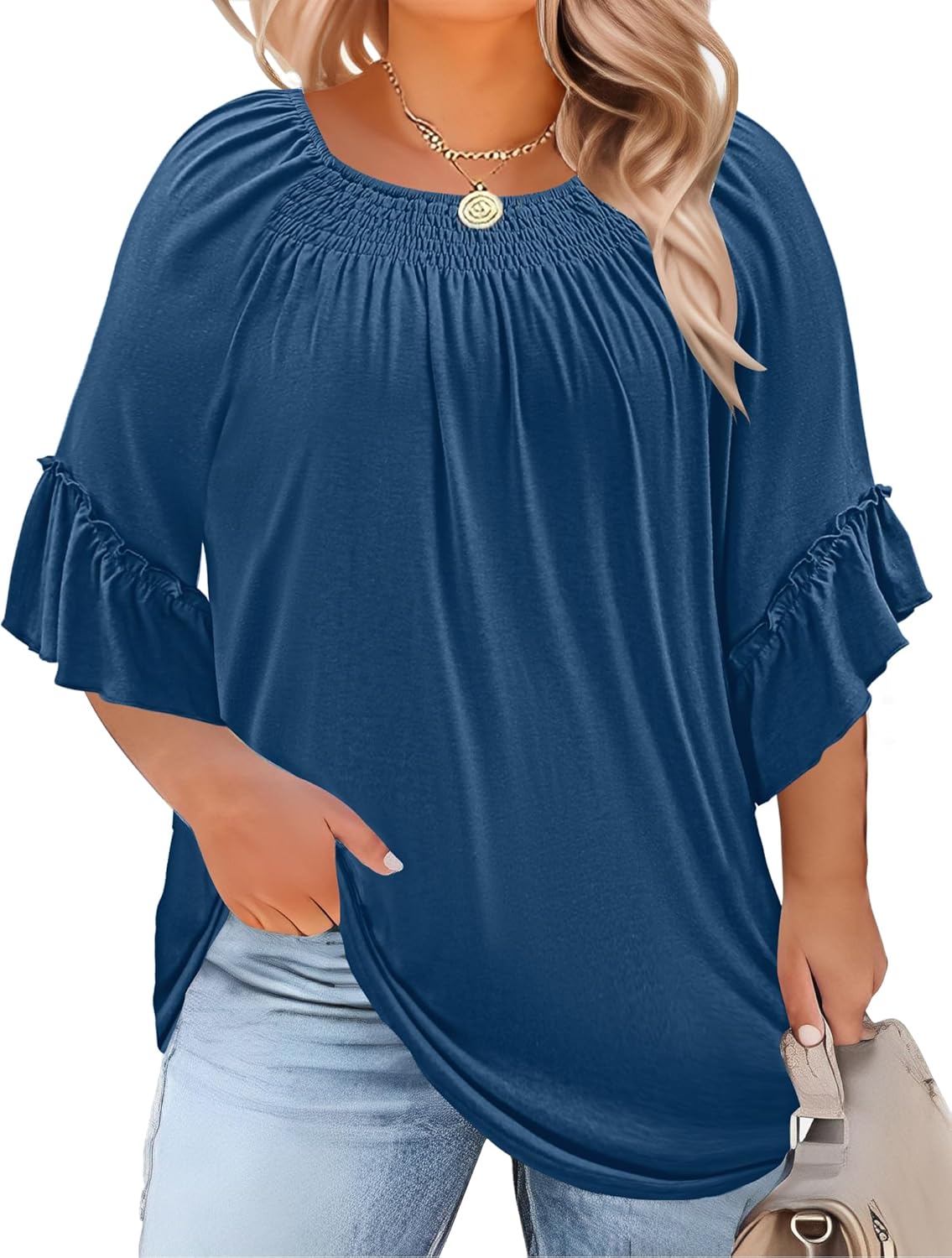 Micoson Womens Plus Size Tops 3/4 Ruffle Sleeve Shirts Crewneck Pleated Blouses Dressy Casual Fashion Tunic Top (1X-5X)