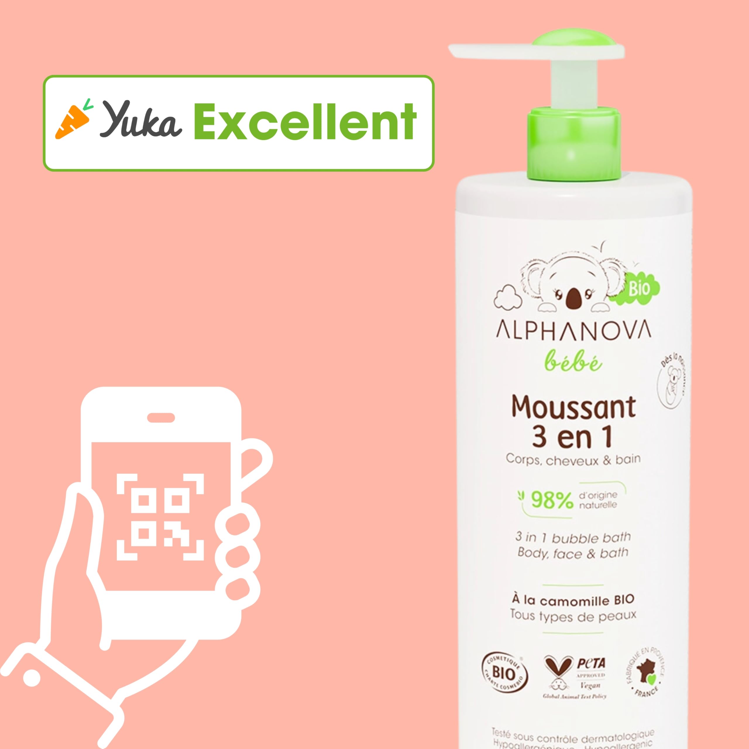 Alphanova, Bain moussant pour bébé, 3 en 1 - Bain corporel, shampooing et bain moussant, hypoallergénique, ne pique pas les yeux - Biologique - 500ml