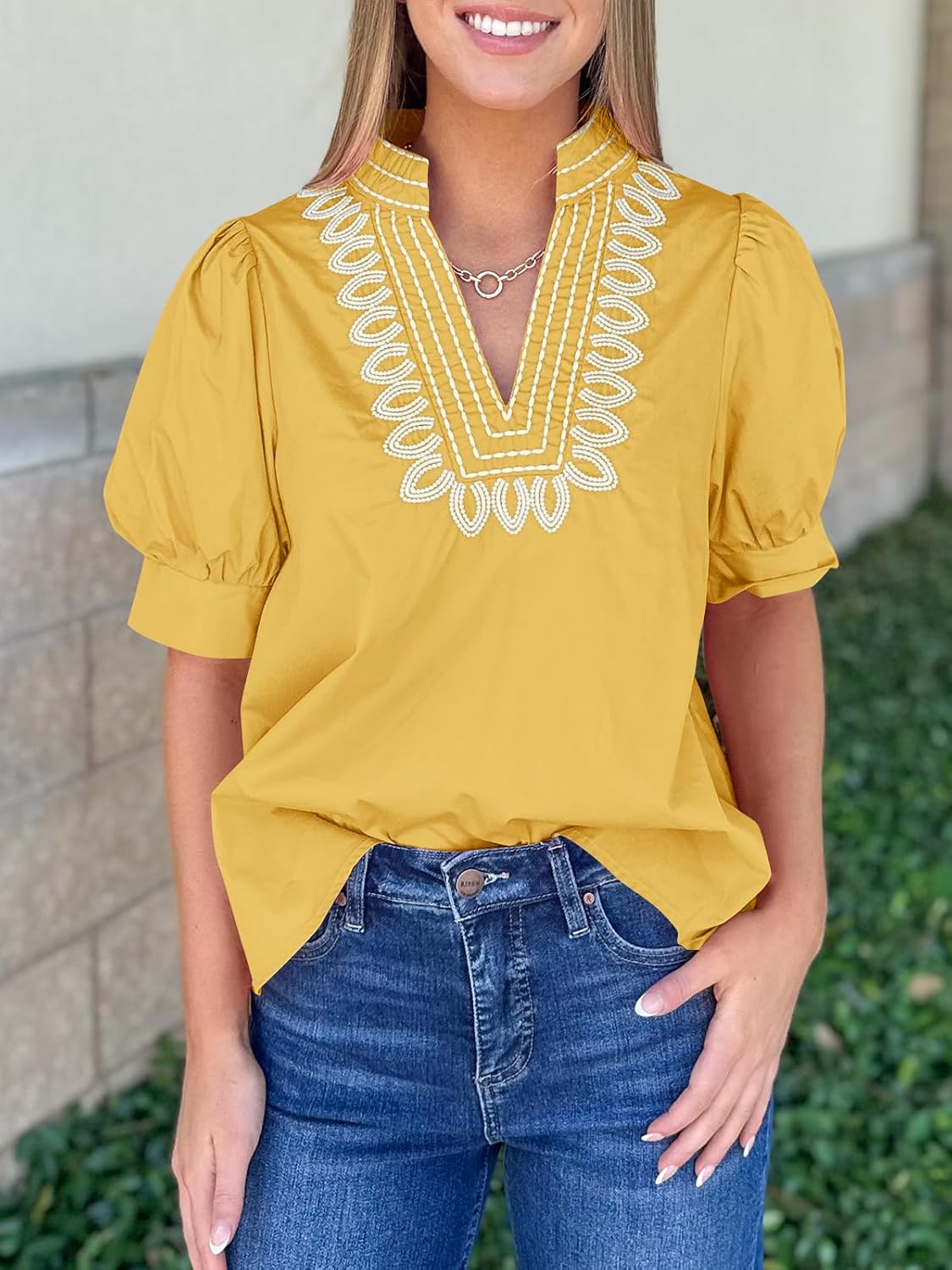 Cicy Bell Womens Puff Short Sleeve Blouses Summer Casual Dressy Embroidered V Neck Tops Loose Fit Tee Shirts