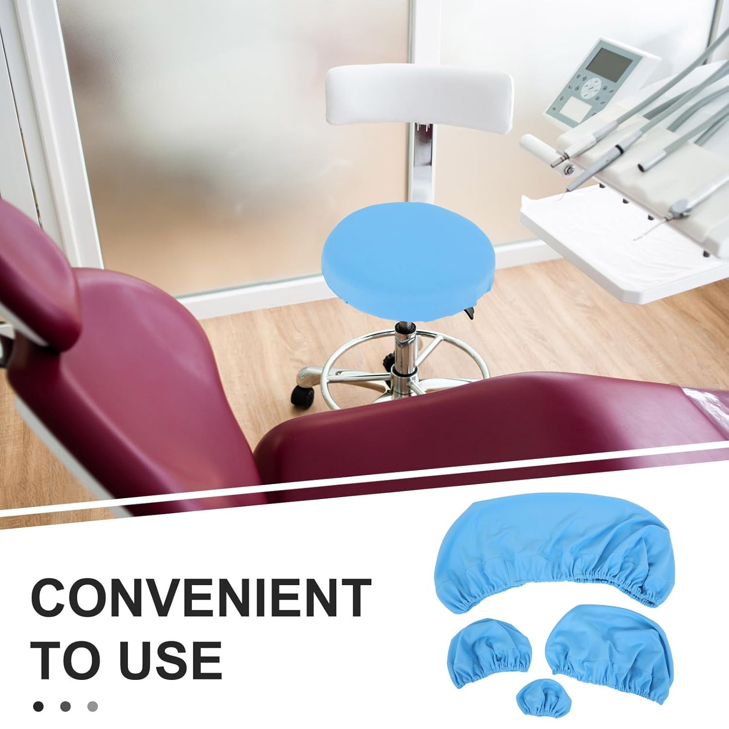 4pcs Dental Chair Seat Covers, Slip-On Backrest & Headrest Sleeves, Stretchable Doctor Stool Protectors, Nonskid & Washable for Dental Department Blue