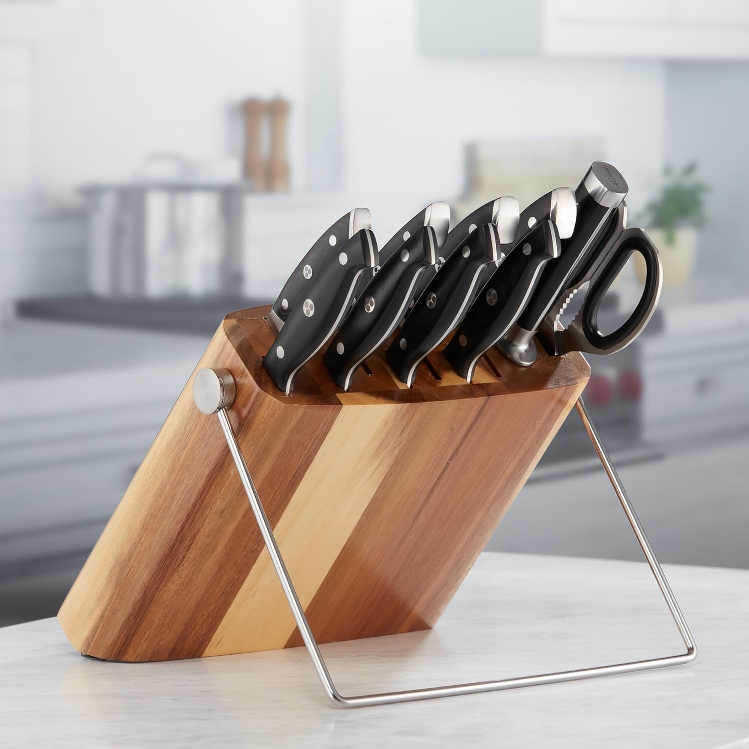 Ergo Chef Premium Acacia Wood Knife Block - 10 Slot Holder for Kitchen Knives, Scissors, and Sharpening Rods (knives Sold Separately)
