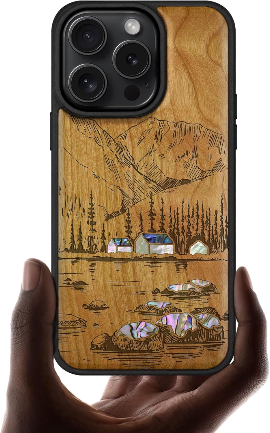 Carveit Magnetic Case for iPhone 16 Pro Case, Wood Artisan Engraved & Handmade Shell Inlaid, TPU Shockproof Cover, Compatible with MagSafe Wireless Chargers (Lakes and Mountains) Cherry