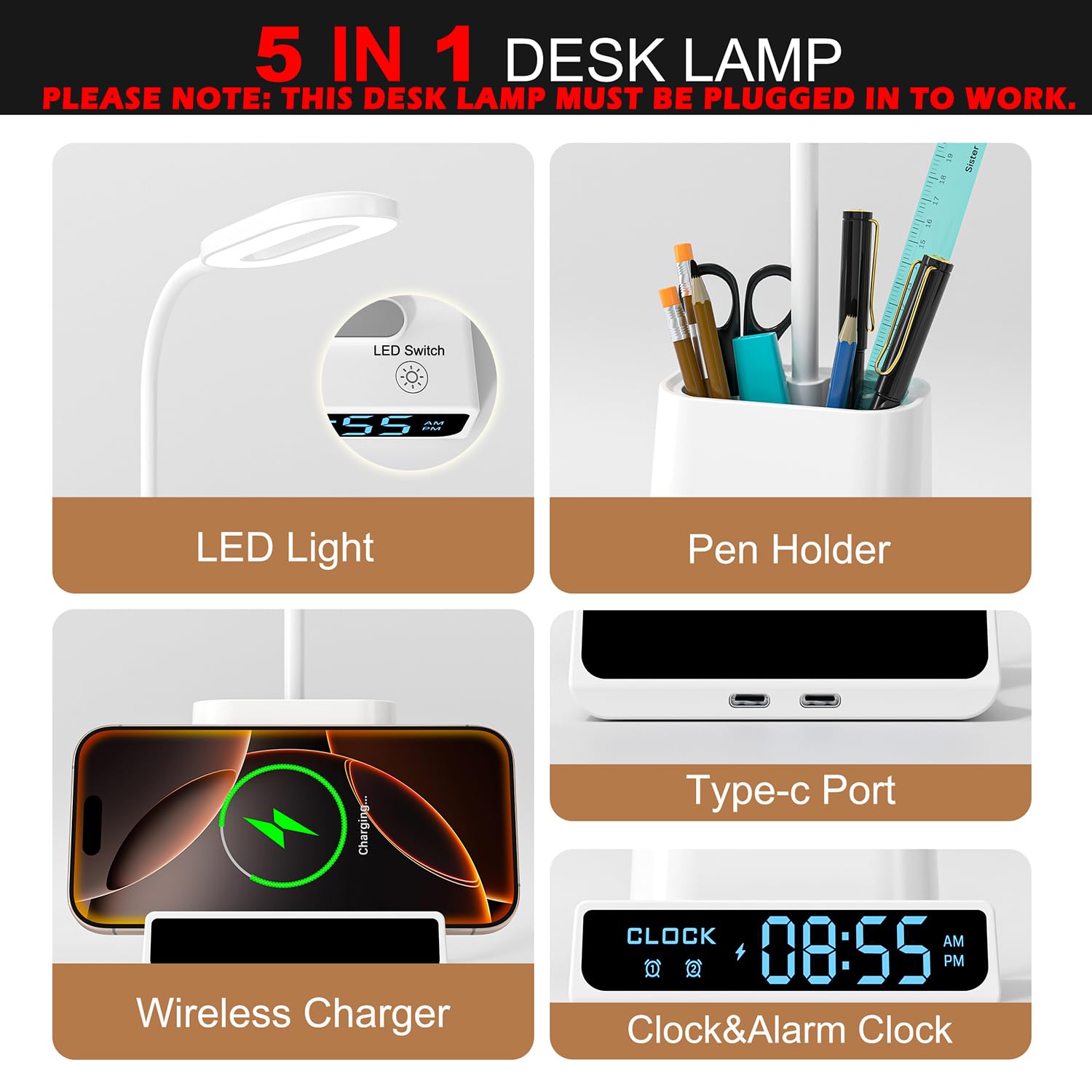 5-en-1 Lampe de Bureau LED Intensité Variable avec Horloge, Réveil, Porte-Stylo et Fonction de Recharge, 3 Couleurs de Lumière,Lampe d'étude, Lampe de Chevet, Lampe de Lecture Veilleuse