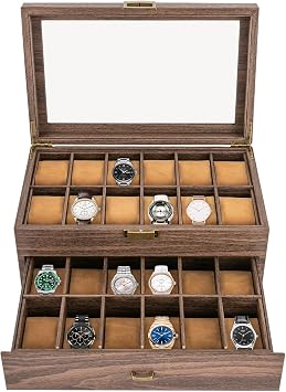 Watch Box 24 Slots, Wooden Watch Holder Organizer Display, Luxury Watch gift box 13.4X8.3X6 Inches Brown 2-Tier Display With Soft Pillows for Men Home Decor Jewelry Storage