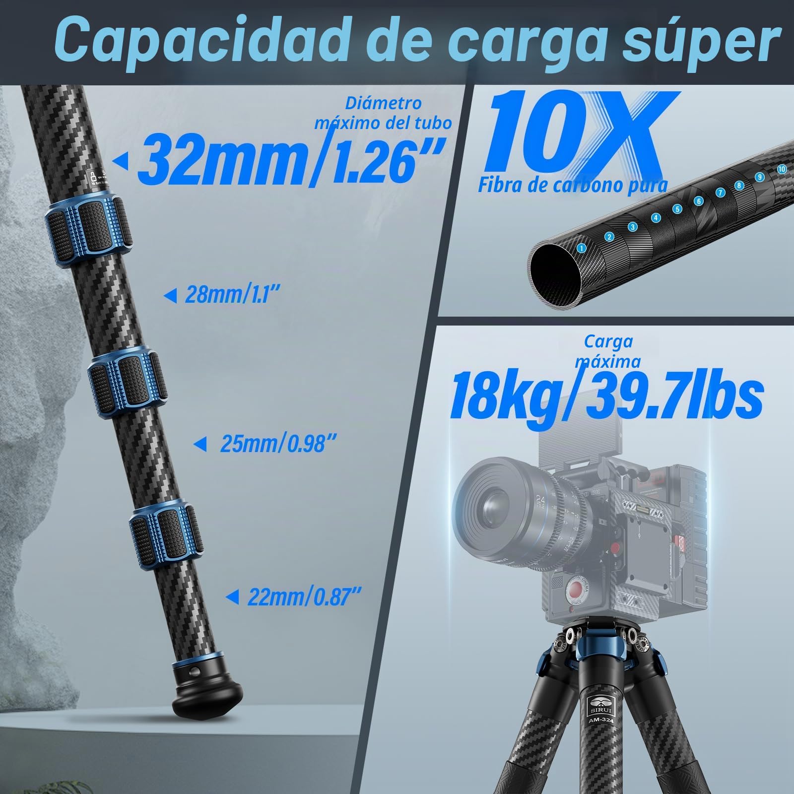 SIRUI AM-324 Trípode Profesional de Fibra de Carbono, 4 Secciones, Altura 145cm, Carga 18kg - Compatible con Cámaras Mirrorless y DSLR - Diseño Compacto sin Columna Central