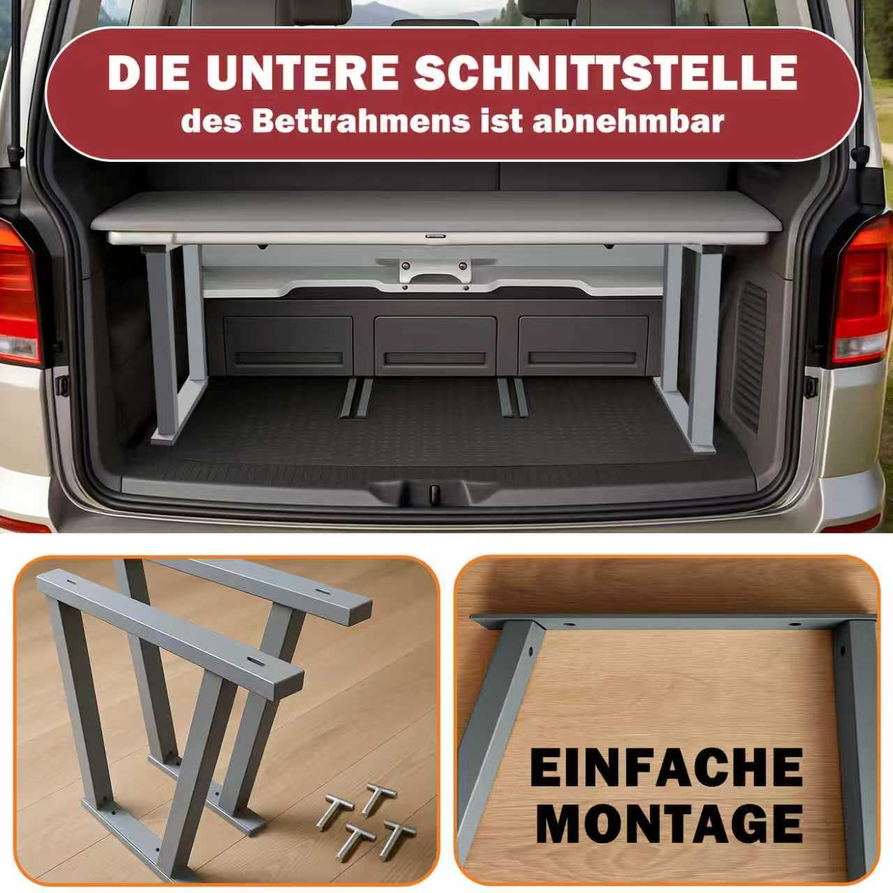 Rama łóżka do VW Multivan T5/T6/6.1, wielofunkcyjna rama łóżka, rozszerzenie łóżka VW T5/T6/6.1, pasuje do Multiflexboard, stelaż łóżka VW Bus do systemu szynowego, idealne przedłużenie łóżka i