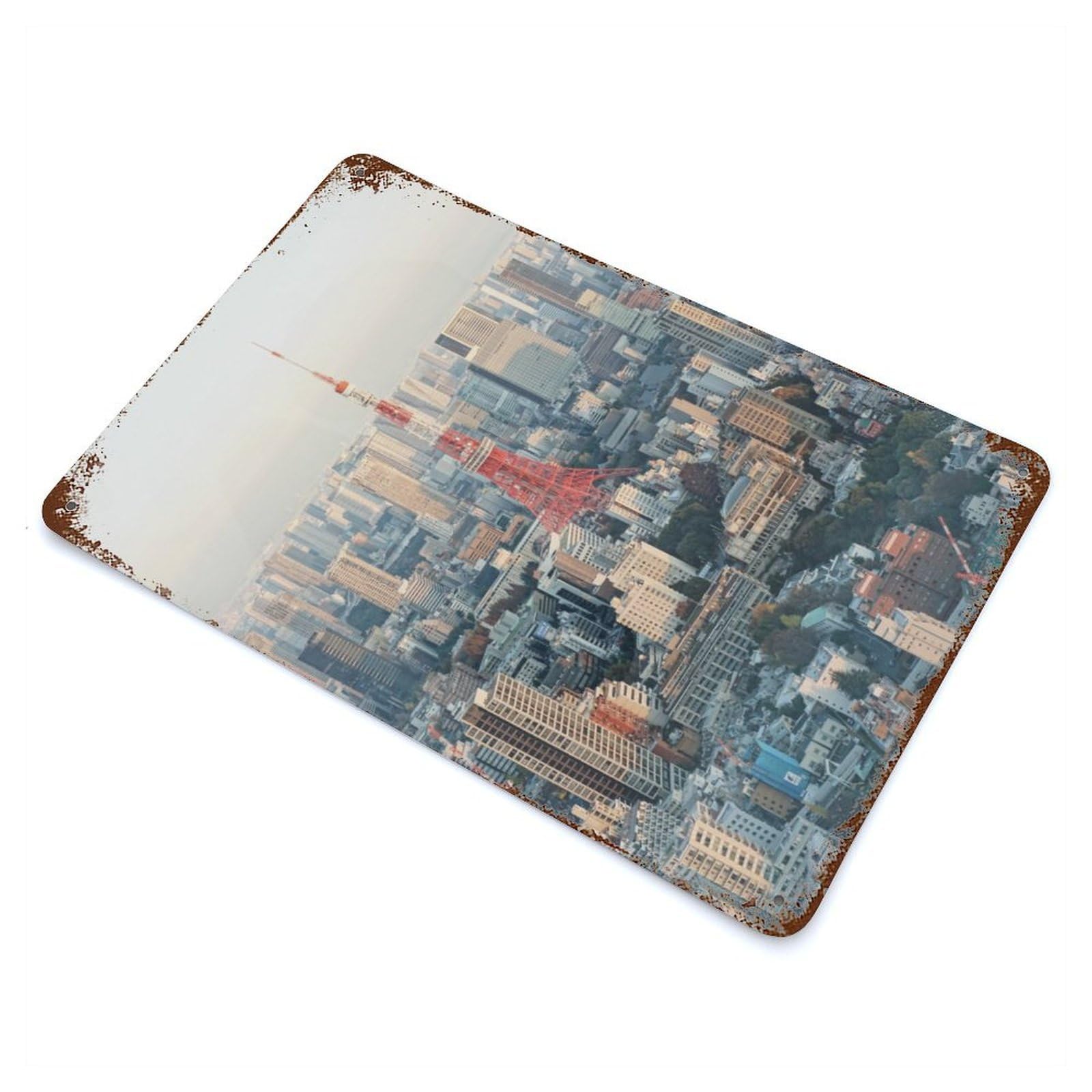 Tokyo Tower Skyline Decorative Tin Sign 11.8"x7.9", for Bistro, Counter And Cafe Decor, Retro Wall Decor